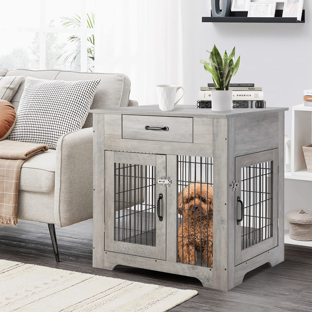 Garvee Wood Look Dog Crate End Table with Drawer, Chew-Proof Metal Fence, Indoor Pet Crate, Grey, Suitable for Small Dogs