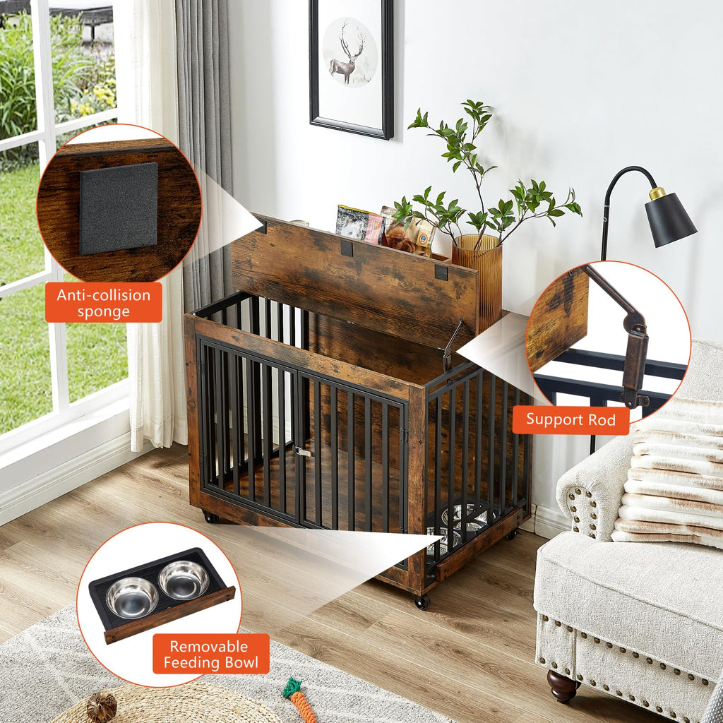 Garvee Dog Crate Furniture Decorative Wooden Dog Kennel End Table With Chew-Proof Metal Barrier And Dog Bowls For Small Medium Large Dogs Brown