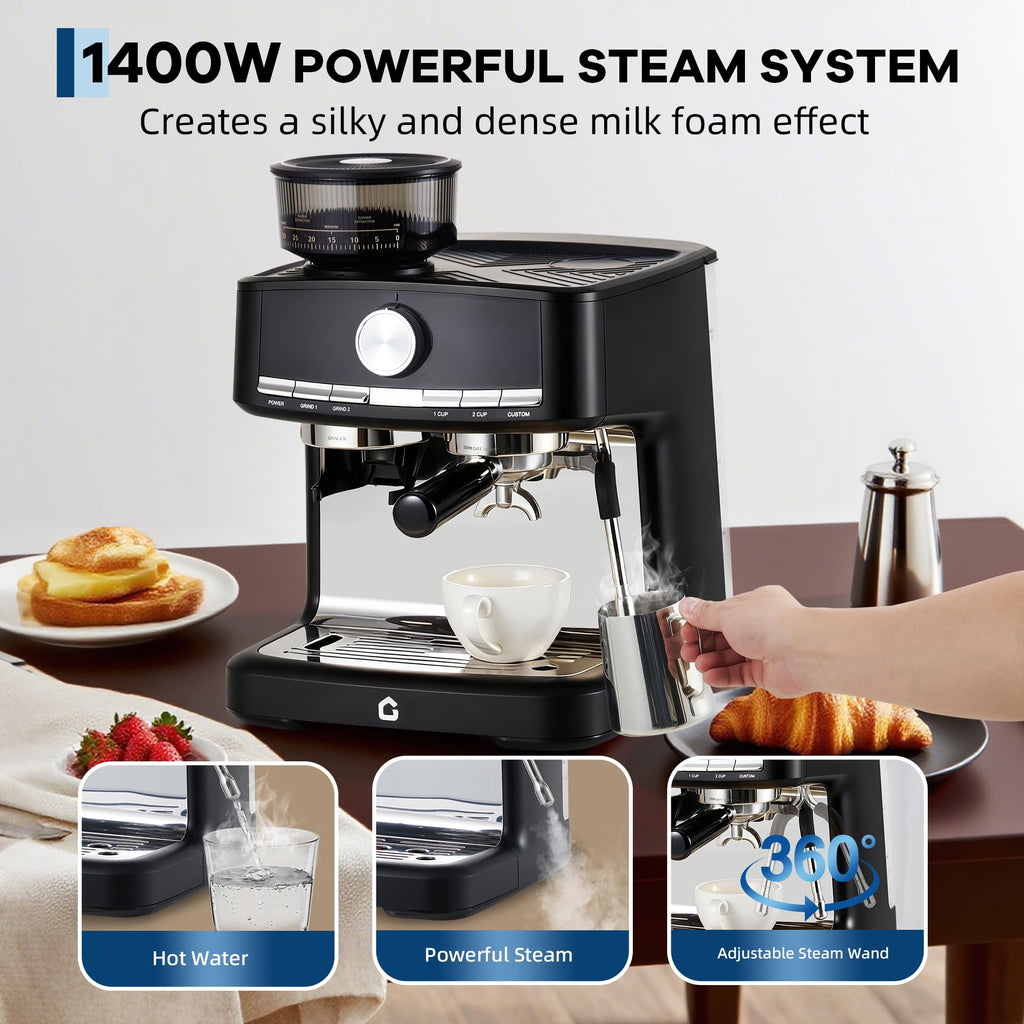 Garvee 20 Bar Pressure Espresso Machine with Grinder, Milk Frother for Home/Office, 1.5L Removable Tank, Adjustable Shot Volume, Silver