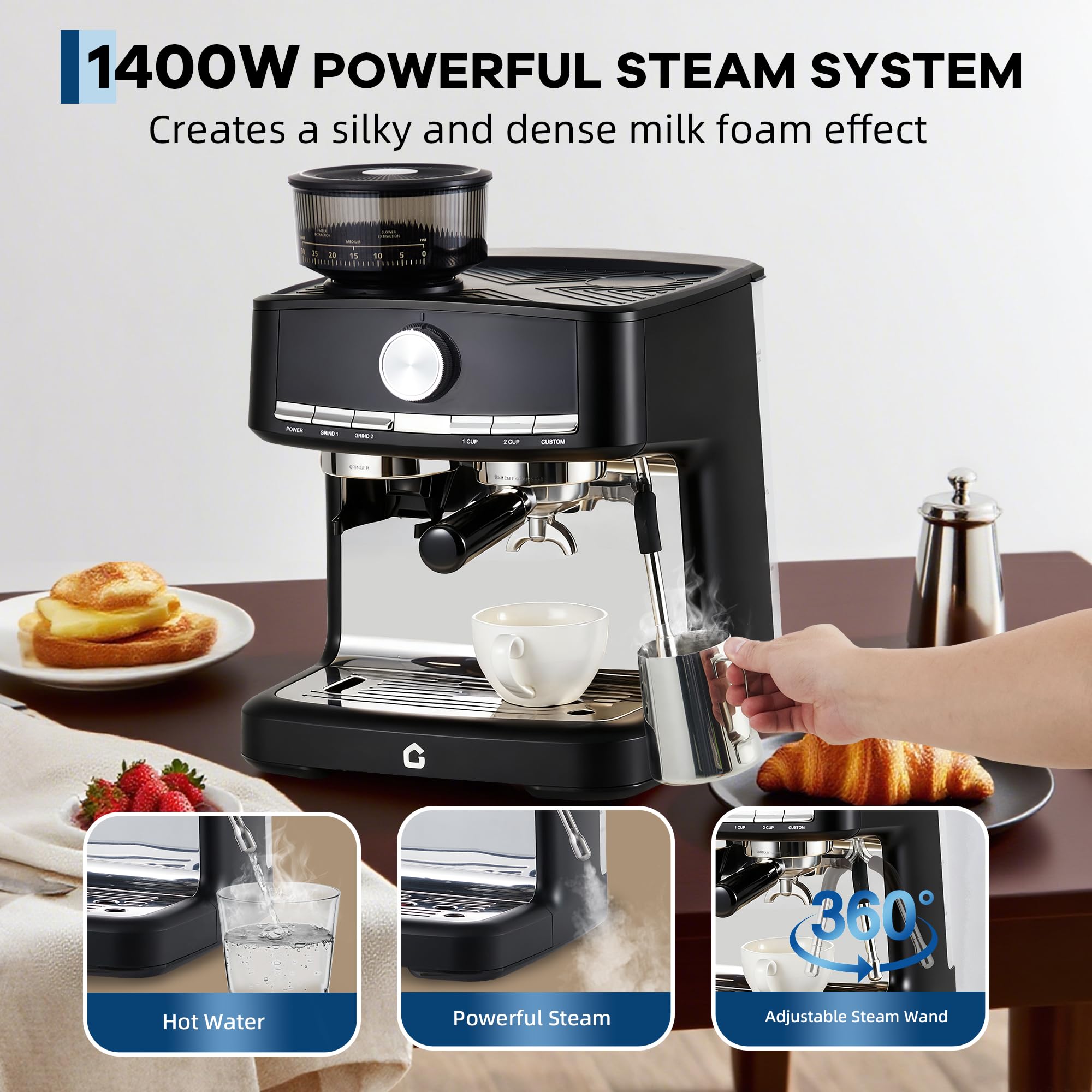 Garvee 20 Bar Pressure Espresso Machine with Grinder, Milk Frother for Home/Office, 1.5L Removable Tank, Adjustable Shot Volume, Silver