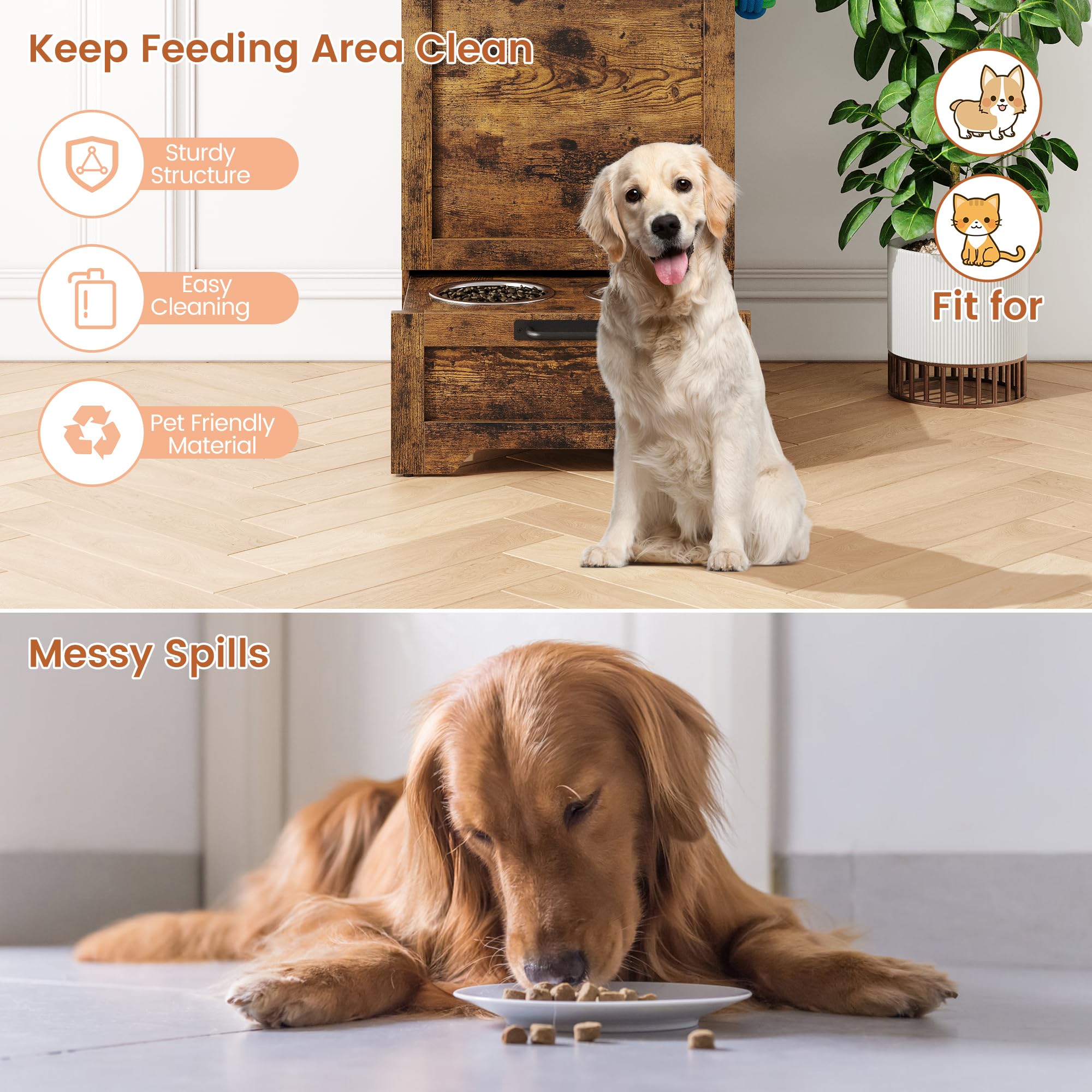 Garvee Pet Food Cabinet with 2 Elevated Bowls, Dog Feeding Station, Brown, Ample Storage, Concealed Feeder, Flip-Top Design
