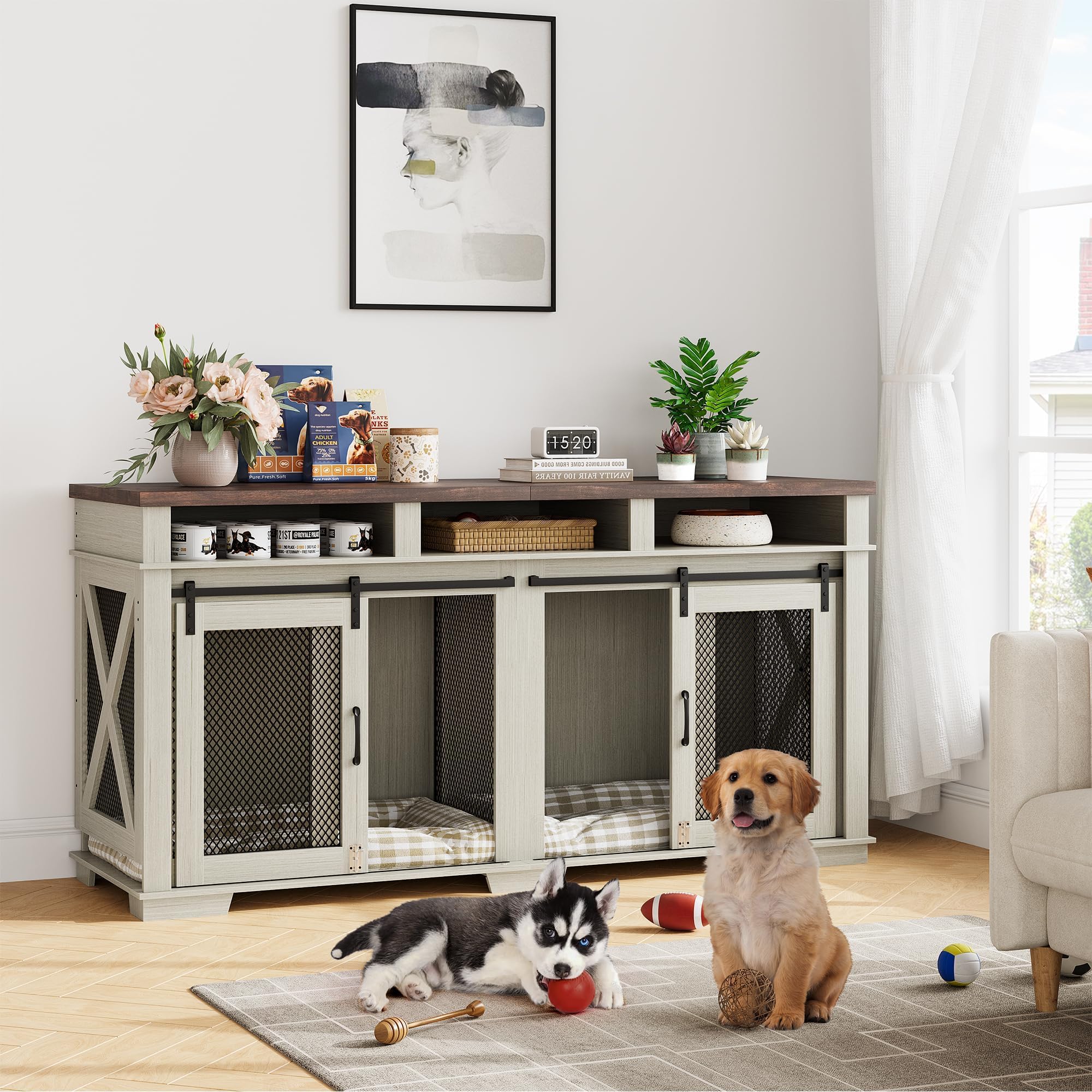 Garvee Dog Crate Furniture for 2 Dogs, 71" Heavy Duty Dog Kennel with 3 Storages and Removable Divider, Furniture Style Indoor Dog Crate Table TV Stand for Large Medium Dogs, White