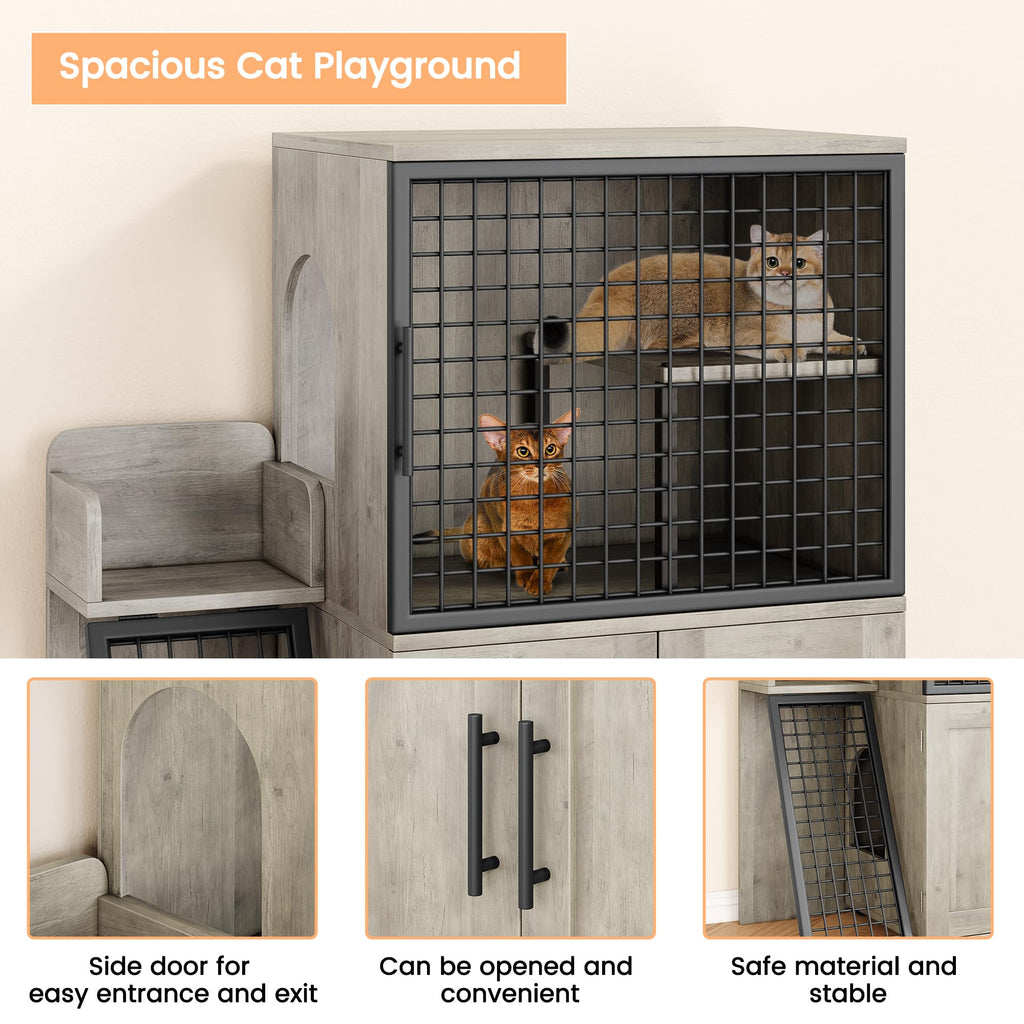 Garvee Modern Villa Cat Litter Box Enclosure with Platform, Double Layer, MDF Panel, Ladder, Hidden Washroom, 33.5"L x 17.9"W x 41.9"H, Light Grey, Indoor Use