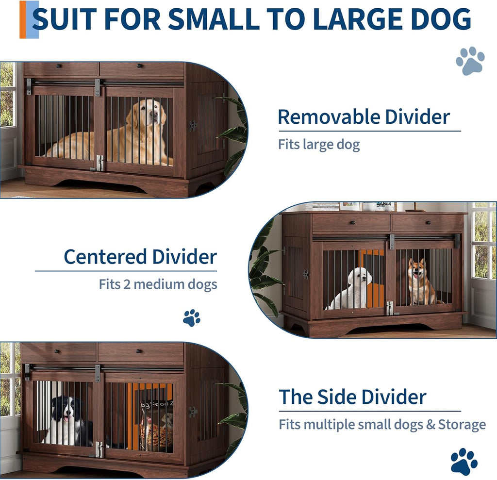 Garvee Dog Crate Furniture for 2 Dogs, 47" Double Dog Kennel with Removable Divider and 2 Drawers, Triple Doors, Decorative TV Stand Side Table, Indoor Pet Cage for L/M/S Dogs, Dark Brown