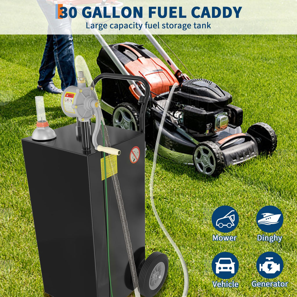 Garvee 30 Gallon Fuel Caddy with Manual Pump, 9.8 ft UV-Resistant Hose Tank Gauge Ground Clamp 2 Wheels, Portable Gas Diesel Tank for Car Boat ATV Lawn Mower, Black