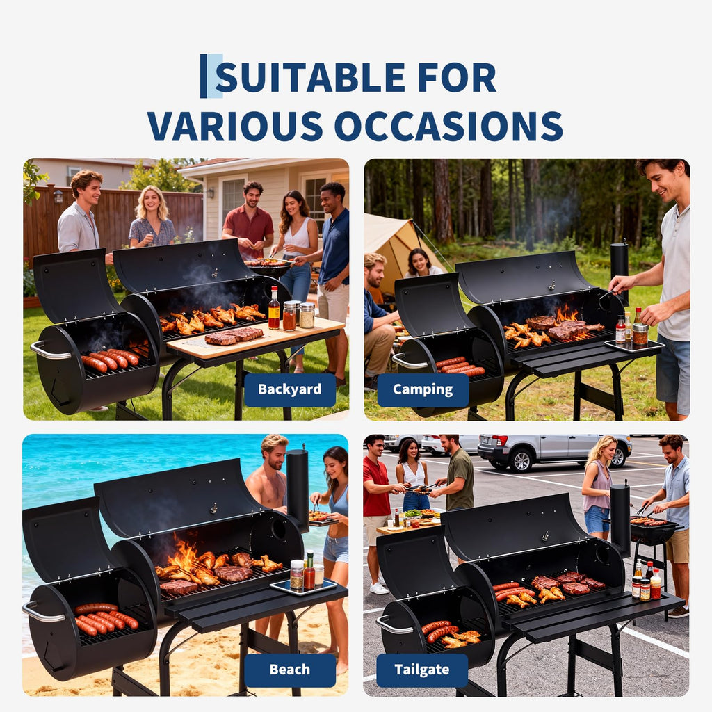 Garvee 43" Charcoal Grill with Offset Smoker - 358 SQ In Dual-Chamber BBQ Smoker Grill with Built-In Thermometer & Wheels, Matte Black