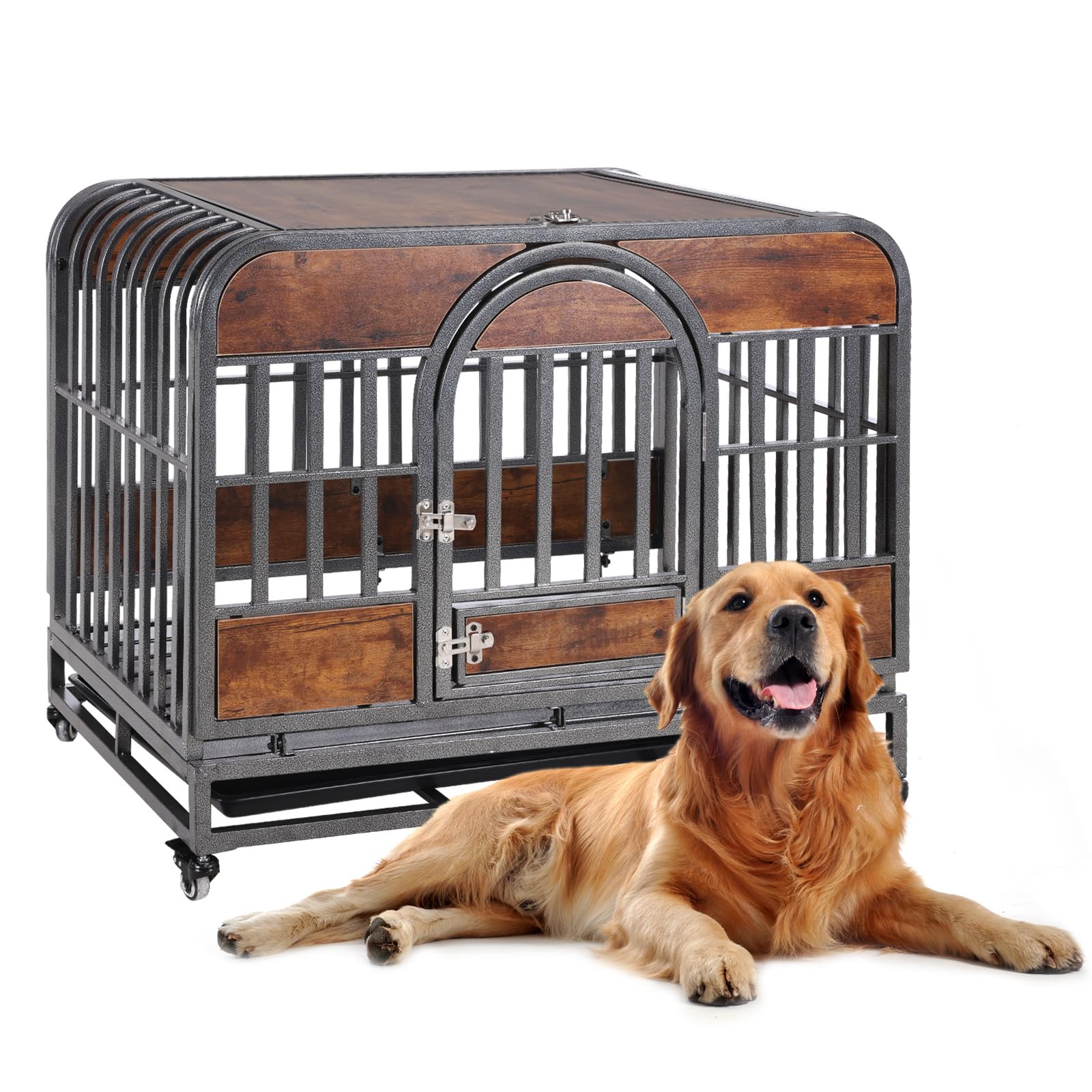 Garvee 46in Furniture Style Dog Crates with Removable Trays Wheels for Indoor & Outdoor Use Brown, Heavy Duty, Indestructible, High Anxiety Dogs