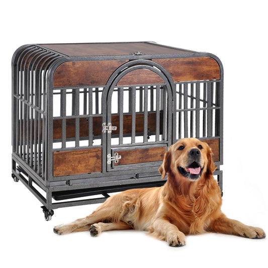 Garvee 46in Furniture Style Dog Crates with Removable Trays Wheels for Indoor & Outdoor Use Brown, Heavy Duty, Indestructible, High Anxiety Dogs