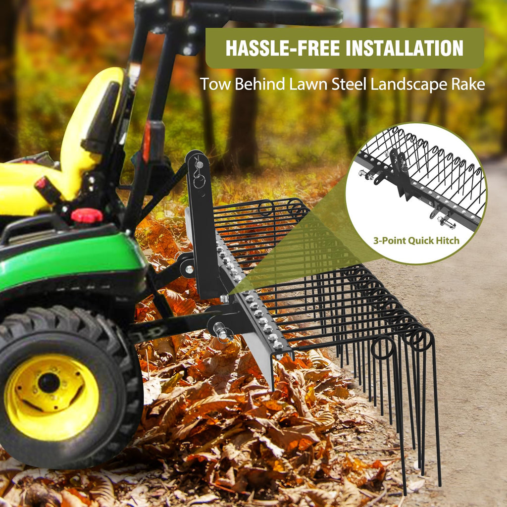 Garvee 60 Inch Pine Straw Rake, 6mm Rake Needle, 26 Coil Spring Tines Durable Powder Coated Steel Tow Behind Landscape Rake with 3 Point Hitch Receiver Attachment Fit to Cat0 Cat 1 Tractors for Leaves Grass, Black