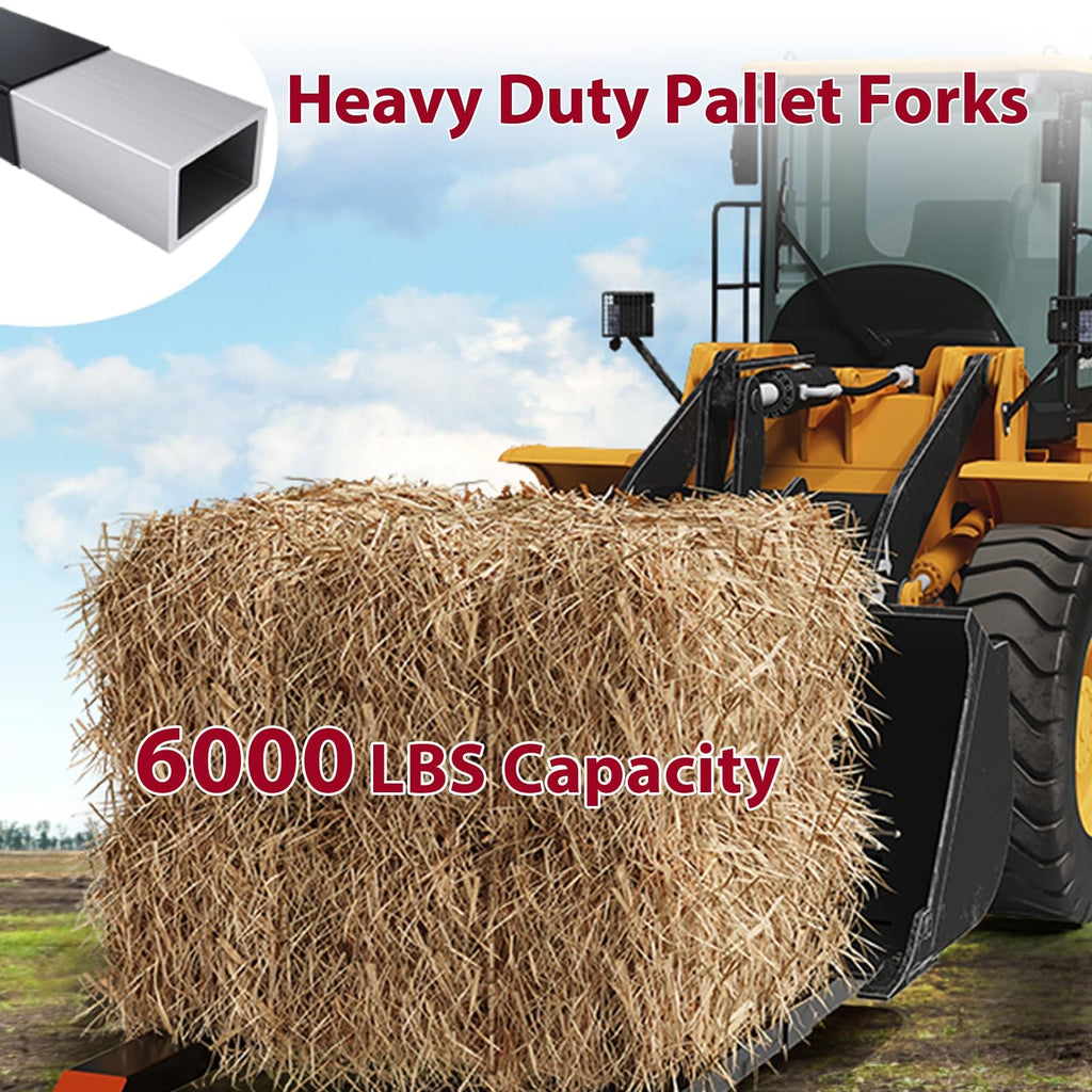 Garvee 77” 6000lbs Clamp on Pallet Forks, Heavy Duty Clamp on Pallet Forks with Adjustable Stabilizer Bar, Quick Attach Tractor Forks for Tractor Bucket, Skid steer, Loader Bucket