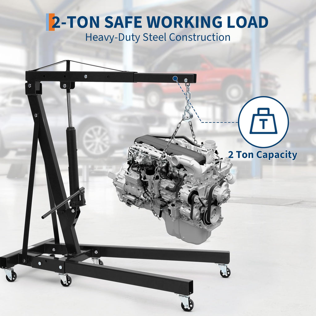 Garvee Engine Hoist Cherry Picker 2 Ton Folding Hydraulic Shop Crane Adjustable Boom Black 6 Casters