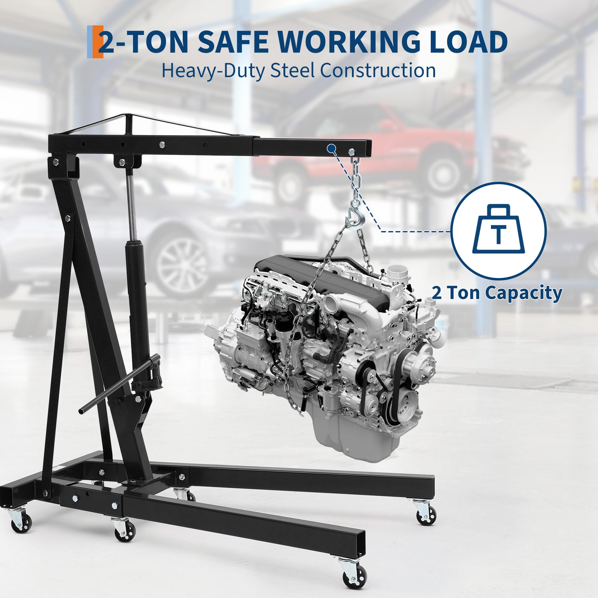 Garvee Engine Hoist Cherry Picker 2 Ton Folding Hydraulic Shop Crane Adjustable Boom Black 6 Casters