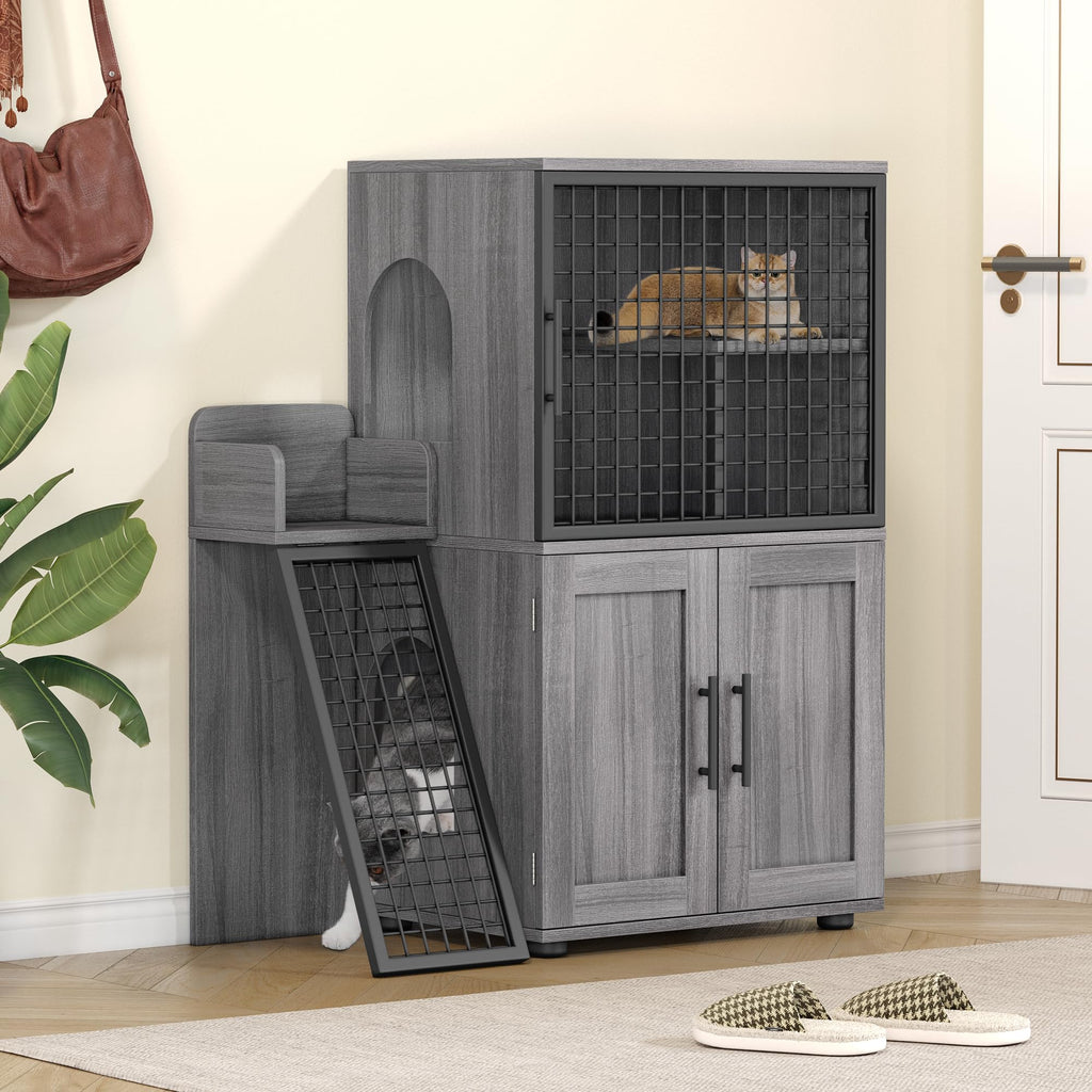 Garvee Modern Villa Cat Litter Box Enclosure + Hidden Furniture + Double Layer + MDF & Iron + Ladder & Ventilation + Indoor Use