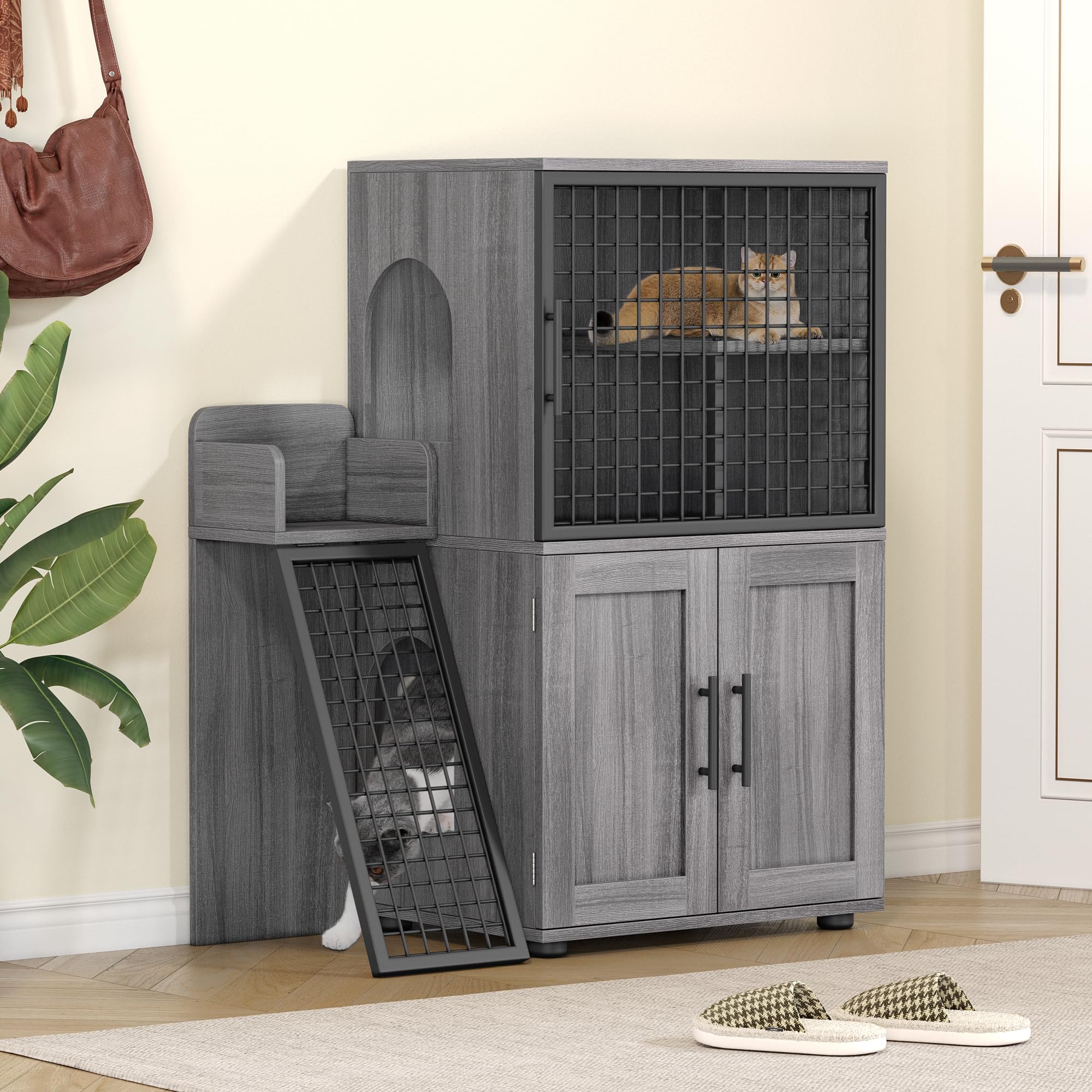 Garvee Modern Villa Cat Litter Box Enclosure + Hidden Furniture + Double Layer + MDF & Iron + Ladder & Ventilation + Indoor Use