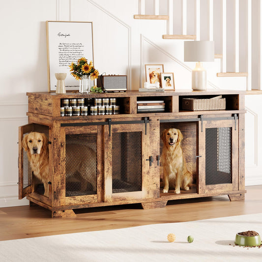 Garvee 71'' Dog Crate Furniture for 2 Dogs, Extra Large Double Dog Kennel, Wooden TV Stand, White/Natural/Brown
