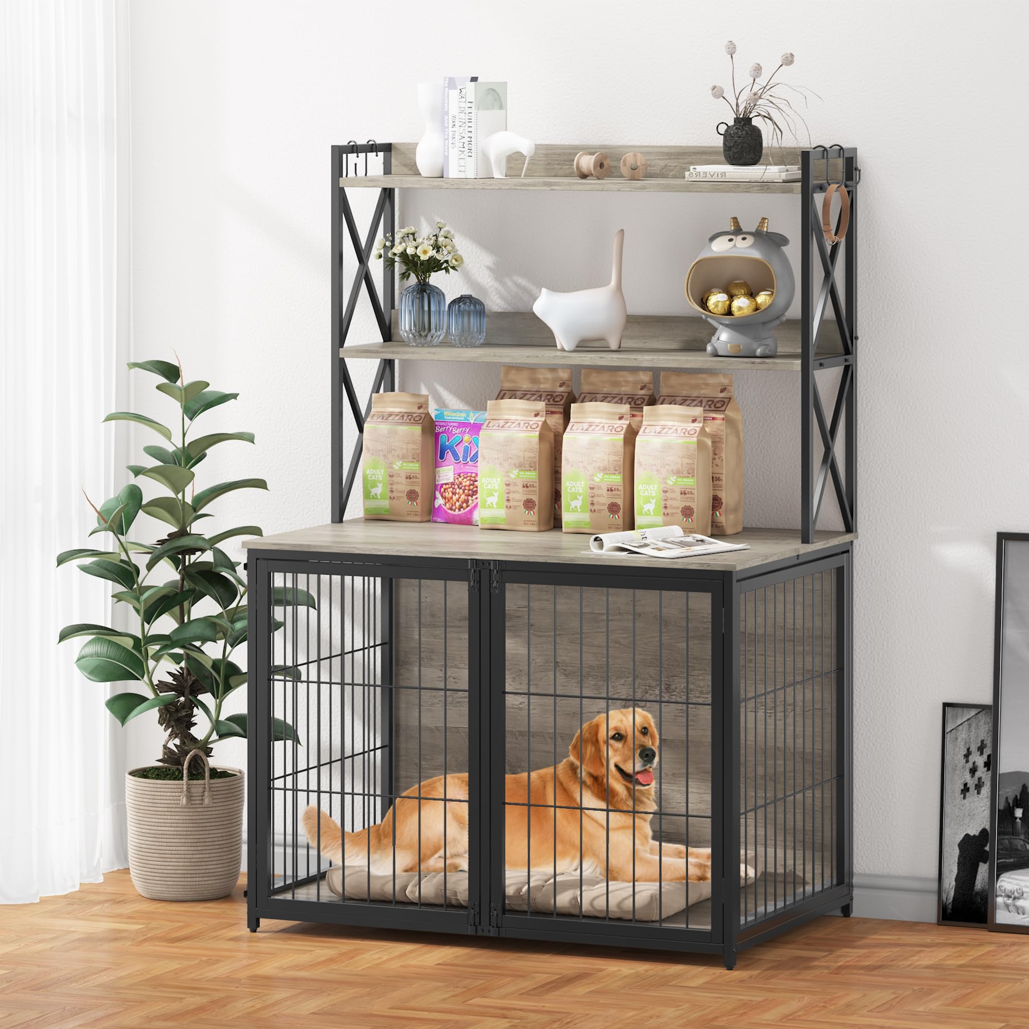 Garvee Wooden Dog Crate Furniture End Table with Flip Top and Movable Divider, 42.5 Inch Dog Cage with Storage Shelves, Large Dog Kennel Indoor Furniture with 3 Doors, Grey
