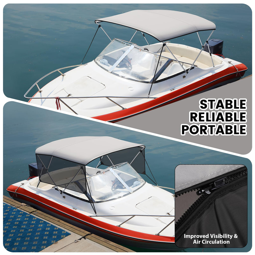 Garvee 3 Bow 6'L x 46" H x 67"-72" W Bimini Tops with Mesh Sidewalls Support Poles for Boats, Marine Grade Canvas Top, Include 2 Straps, 2 Rear Support Pole, Storage Boot