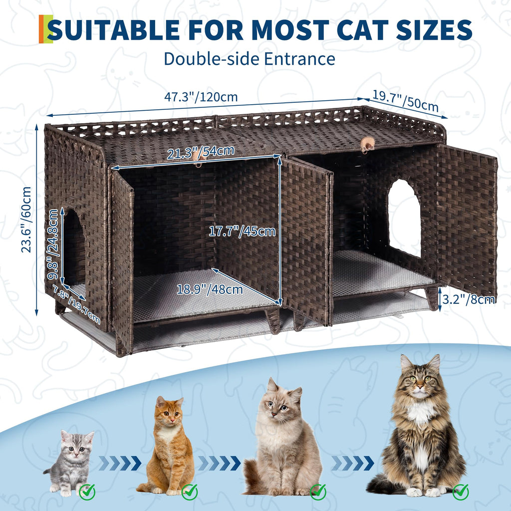 Garvee Cat Litter Box Enclosure Furniture Handwoven Rattan Hidden Cat Washroom Large Space Living Room Bedroom Brown