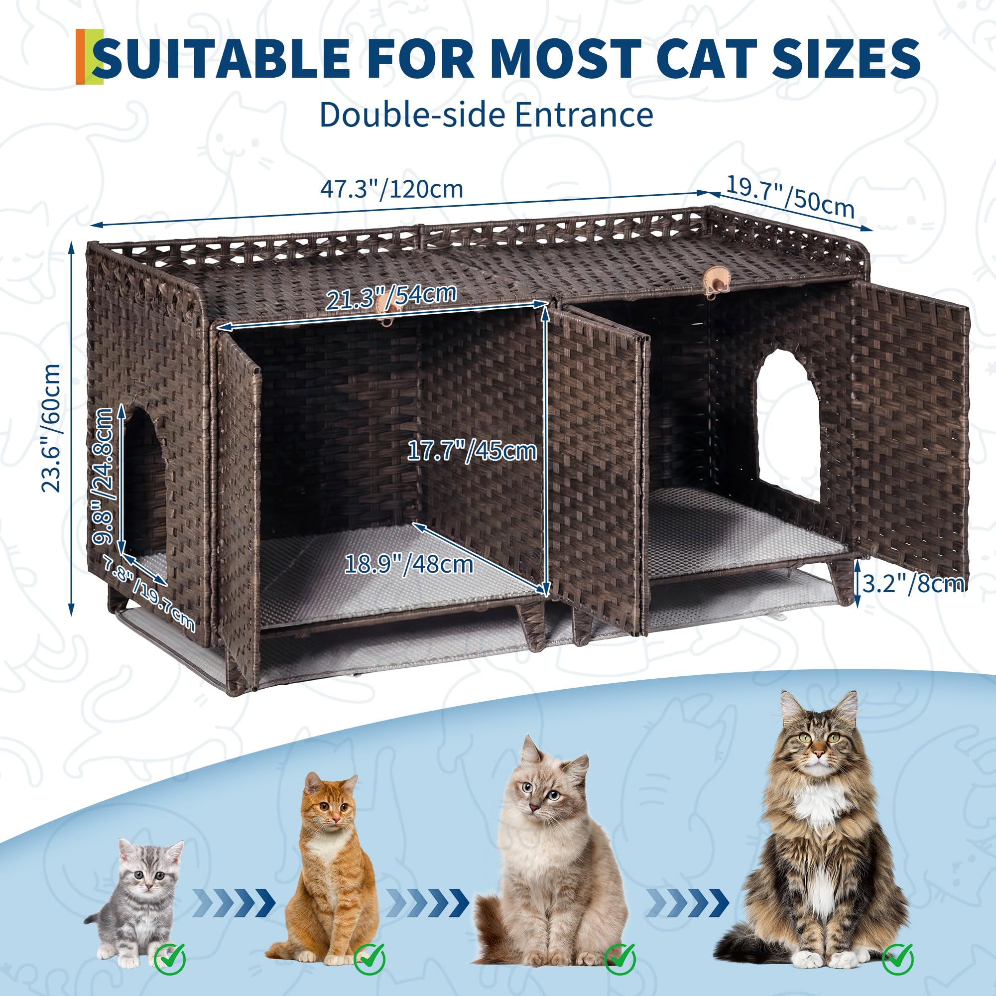 Garvee Cat Litter Box Enclosure Furniture Handwoven Rattan Hidden Cat Washroom Large Space Living Room Bedroom Brown