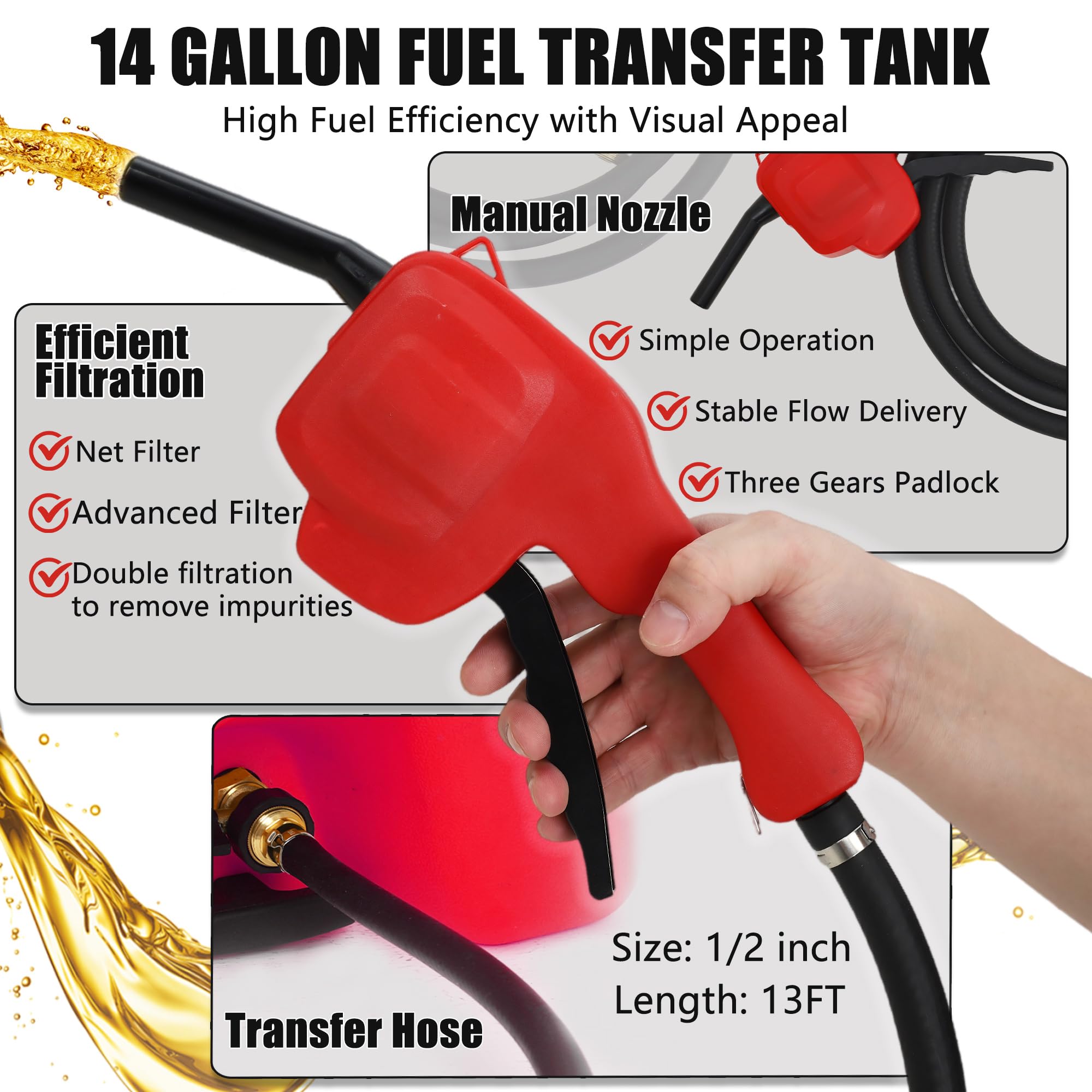 Garvee 14 Gallon Fuel Caddy Portable Gas Can Fuel Tank with Siphon Pump and 10ft Hose for Cars ATVs Lawn Mowers Boats, UV-Resistant, On-Wheels, Yellow