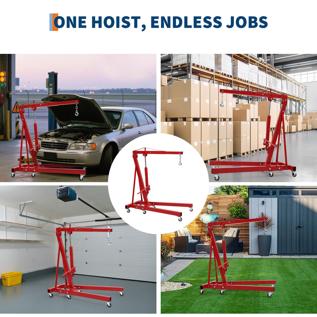 Garvee Engine Hoist Cherry Picker 2 Ton Folding Hydraulic Shop Crane with Telescopic Boom 24-48" Reach, Red