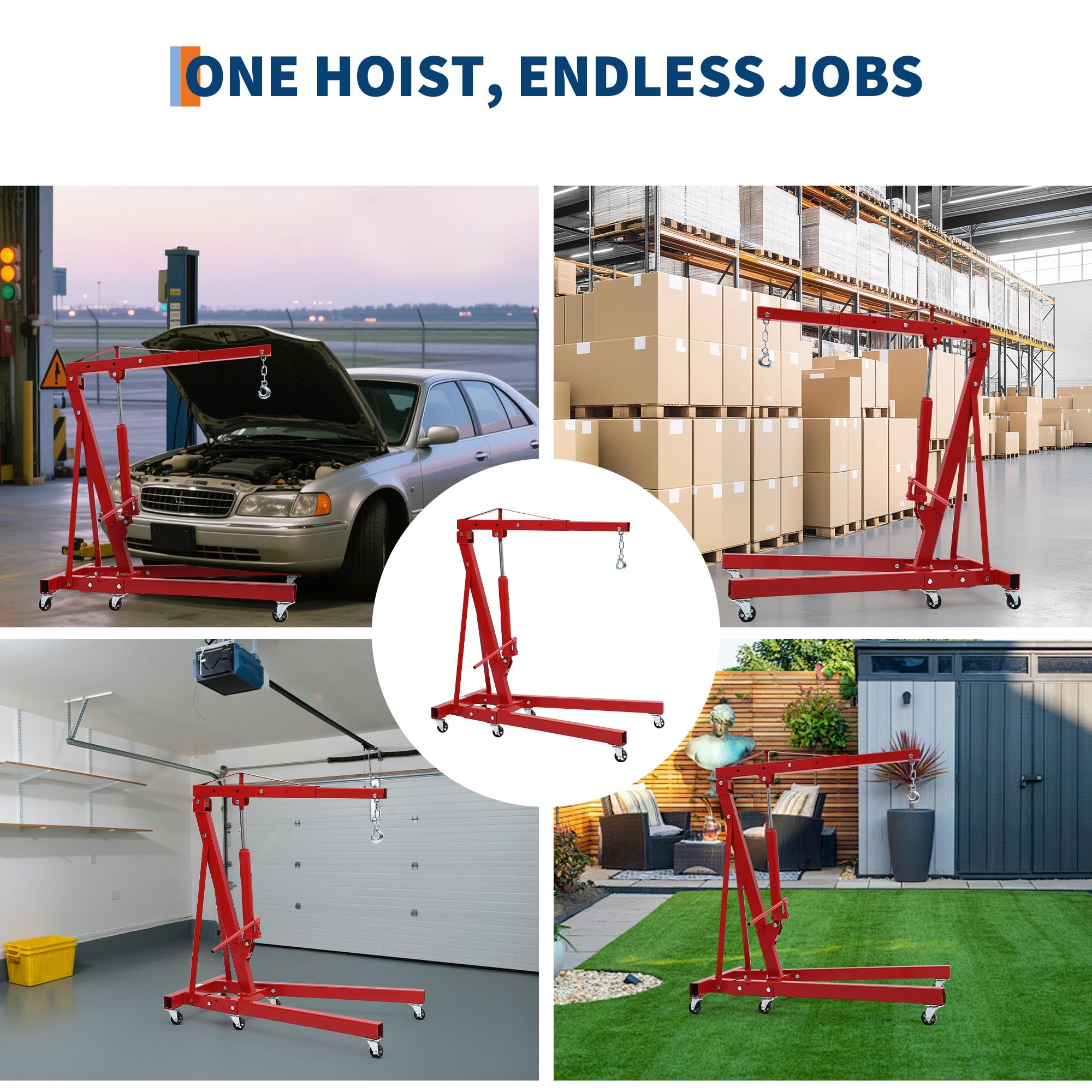 Garvee Engine Hoist Cherry Picker 2 Ton Folding Hydraulic Shop Crane with Telescopic Boom 24-48" Reach, Red