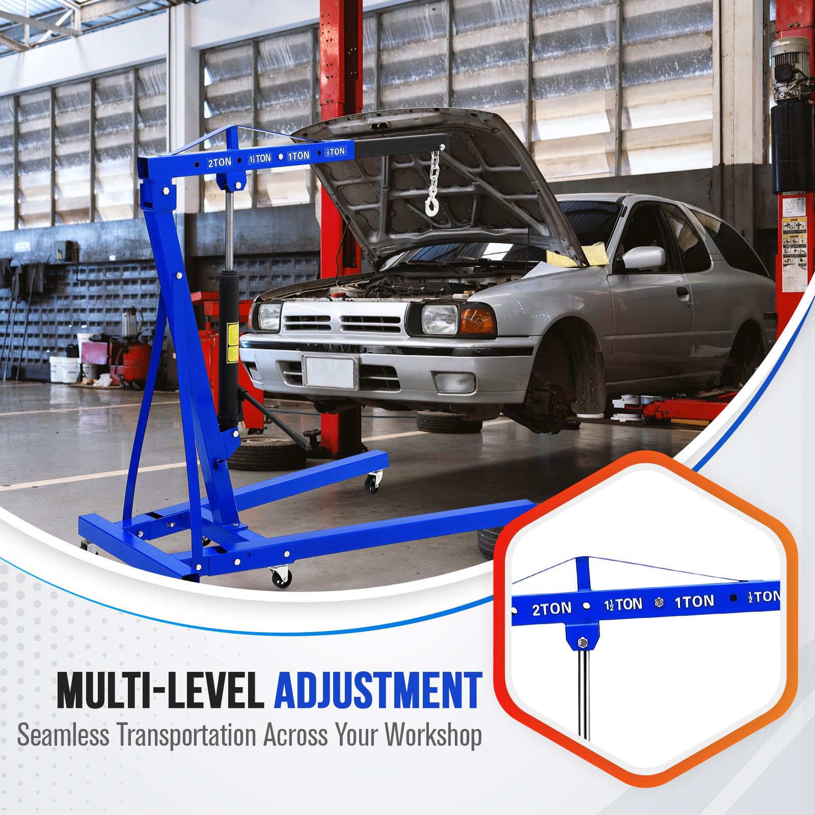 Garvee Engine Hoist Cherry Picker 2 Ton Hydraulic Shop Crane Blue, Collapsible Frame, 360° Swivel Casters, Adjustable Boom, Heavy-Duty Lifting