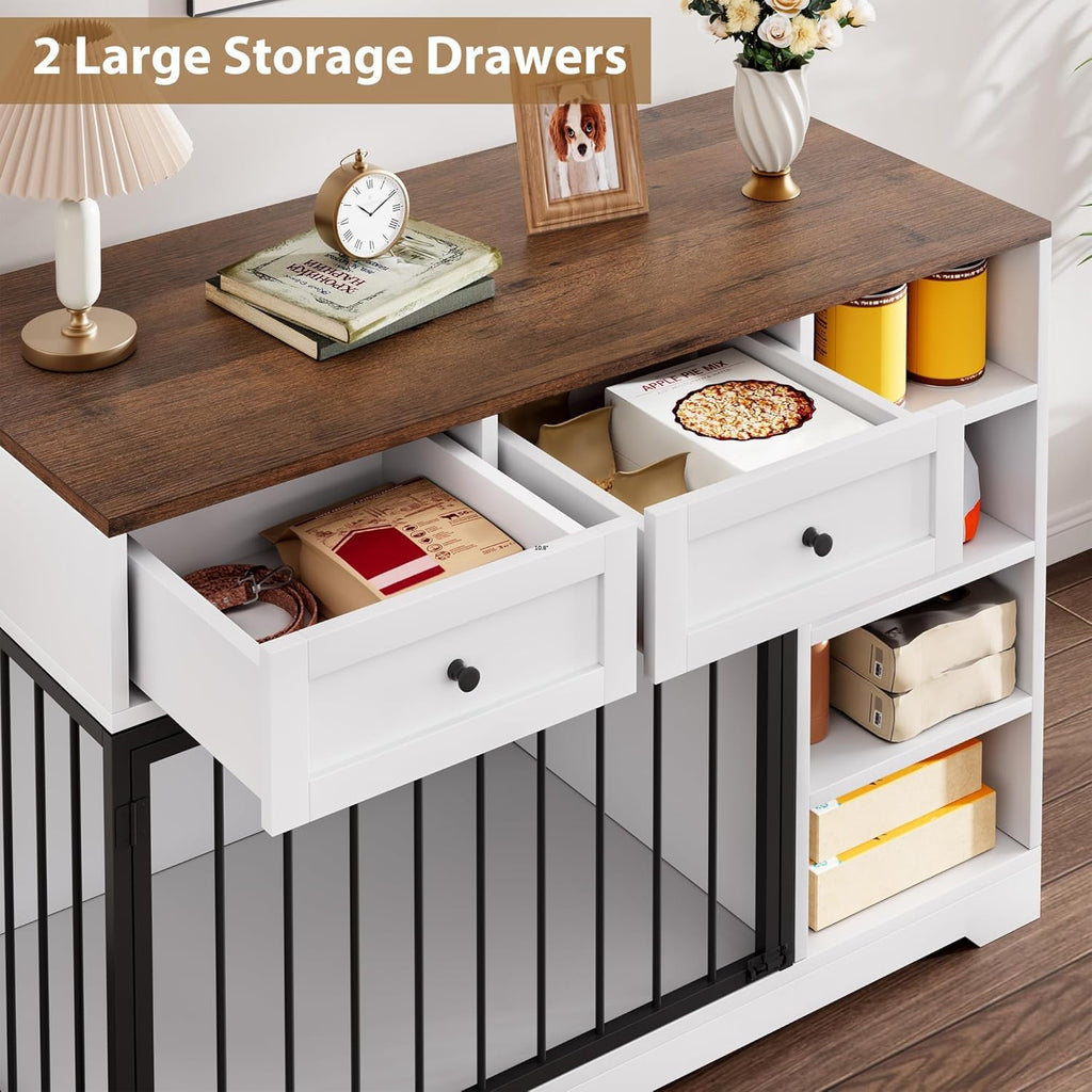 Garvee 47" Dog Crate Furniture Indoor with 2 Drawers & 4 Shelves, Large Dogs Kennel Furniture TV Stand, Wooden Dog Cage for Large Medium Dogs, White & Brown Top