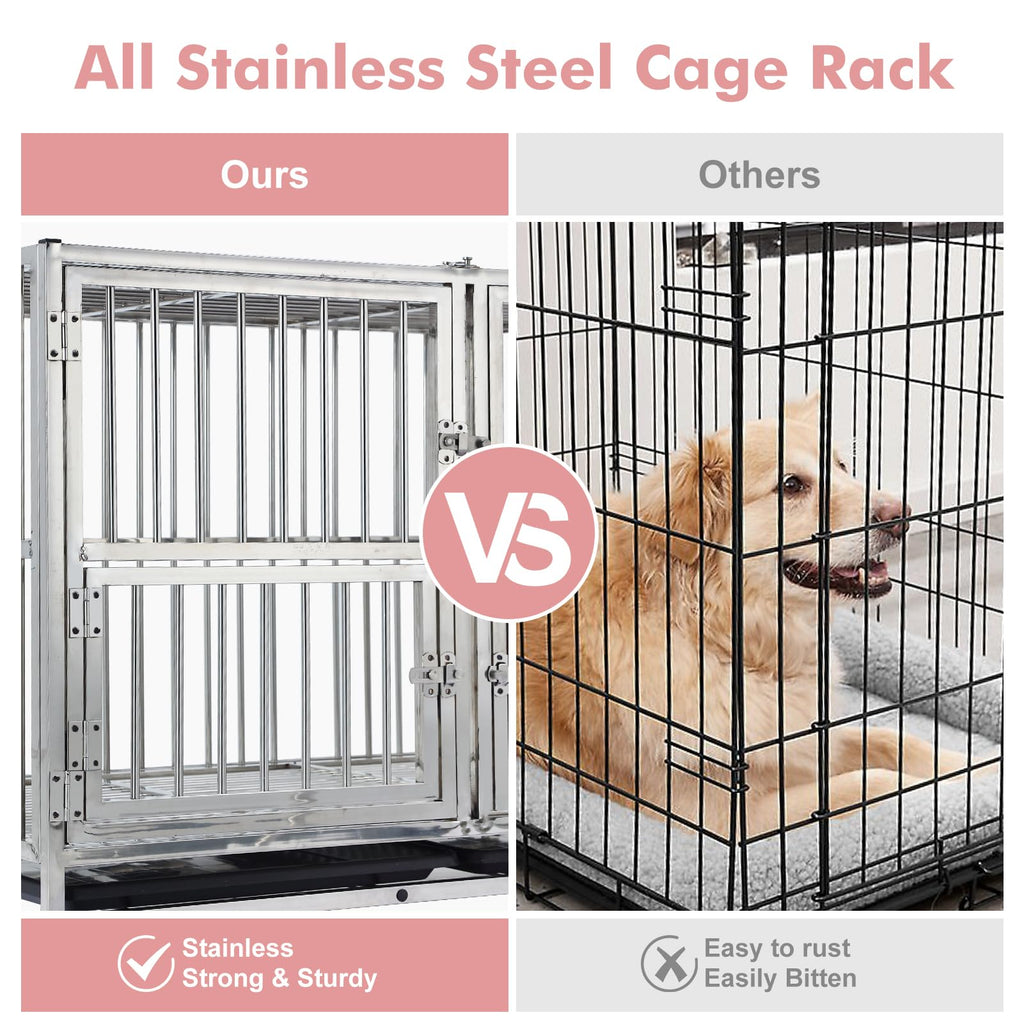 Garvee 48" Heavy Duty Dog Crate Cage Kennel with Isolation Fence, Full Stainless Steel High Anxiety Indestructible Dog Crate, Small Door Design & Removable Tray Design, Silver