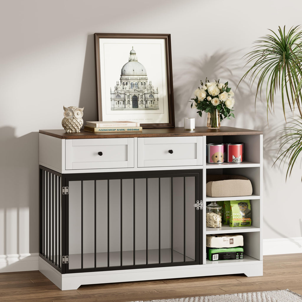 Garvee Large Wooden Dog Crate Furniture with 2 Drawers & 4 Shelves, Heavy Duty, Decorative Indoor Kennel, White