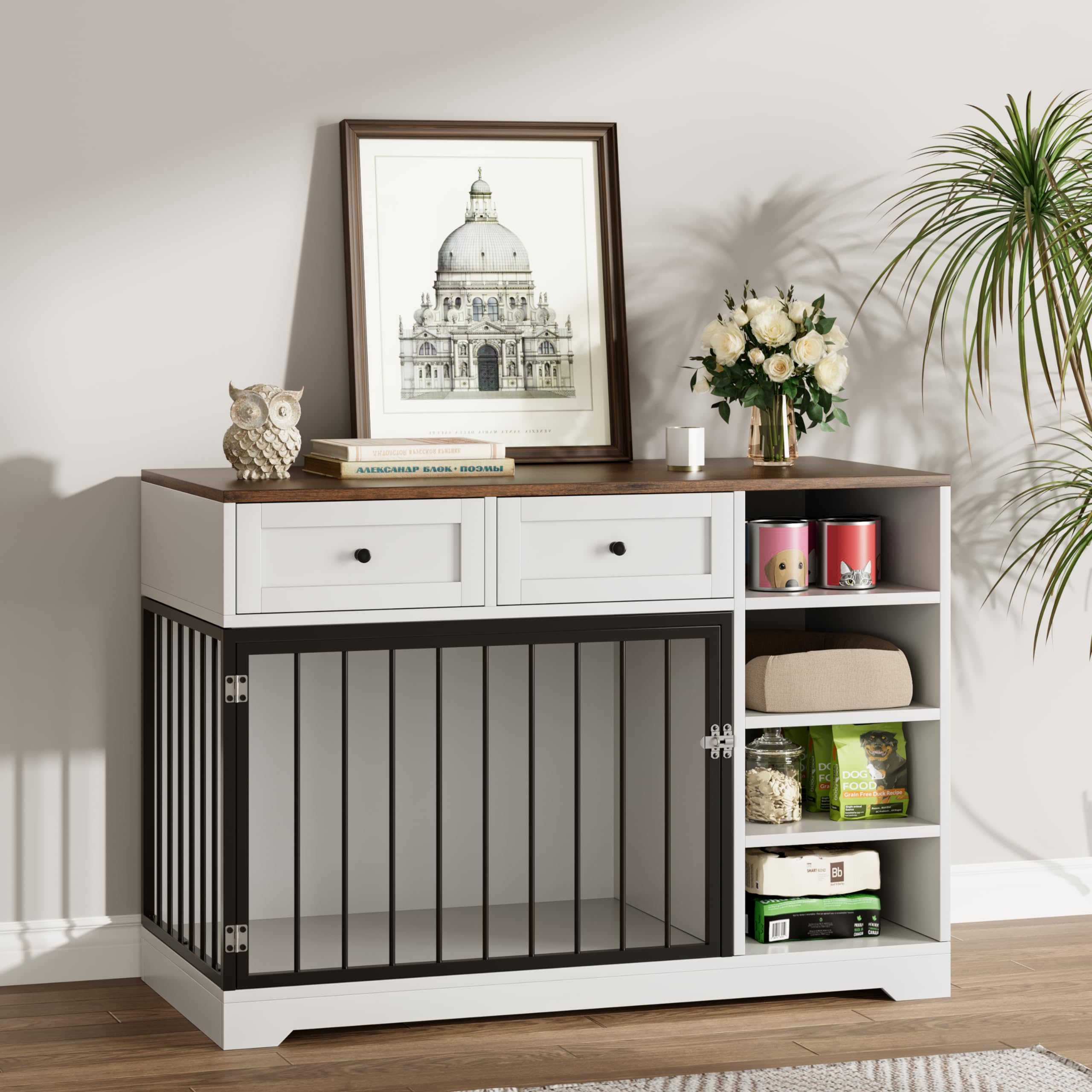 Garvee Large Wooden Dog Crate Furniture with 2 Drawers & 4 Shelves, Heavy Duty, Decorative Indoor Kennel, White