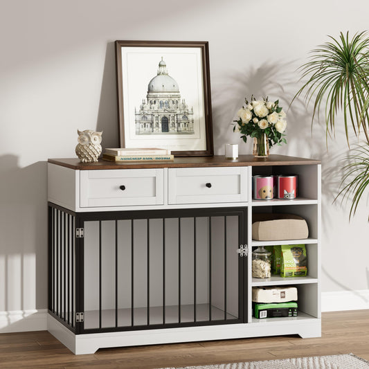 Garvee Large Wooden Dog Crate Furniture with 2 Drawers & 4 Shelves, Heavy Duty, Decorative Indoor Kennel, White