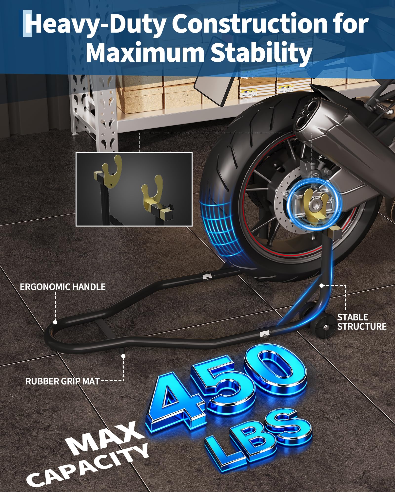 Garvee Motorcycle Stand Lift - 450 lbs Capacity Adjustable Front and Rear Wheel Lift for Maintenance and Repairs, Black