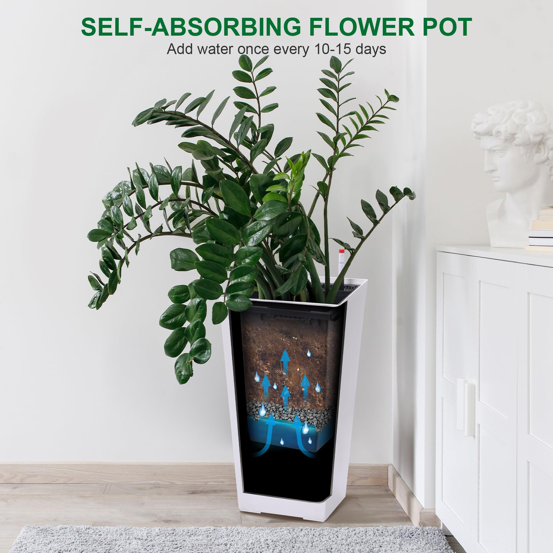 Garvee 23" Tall Planters Set of 2 - Modern Indoor/Outdoor Plant Pots with Drainage Holes, Water Level Monitor, Inner Bucket & Automatic Watering, White