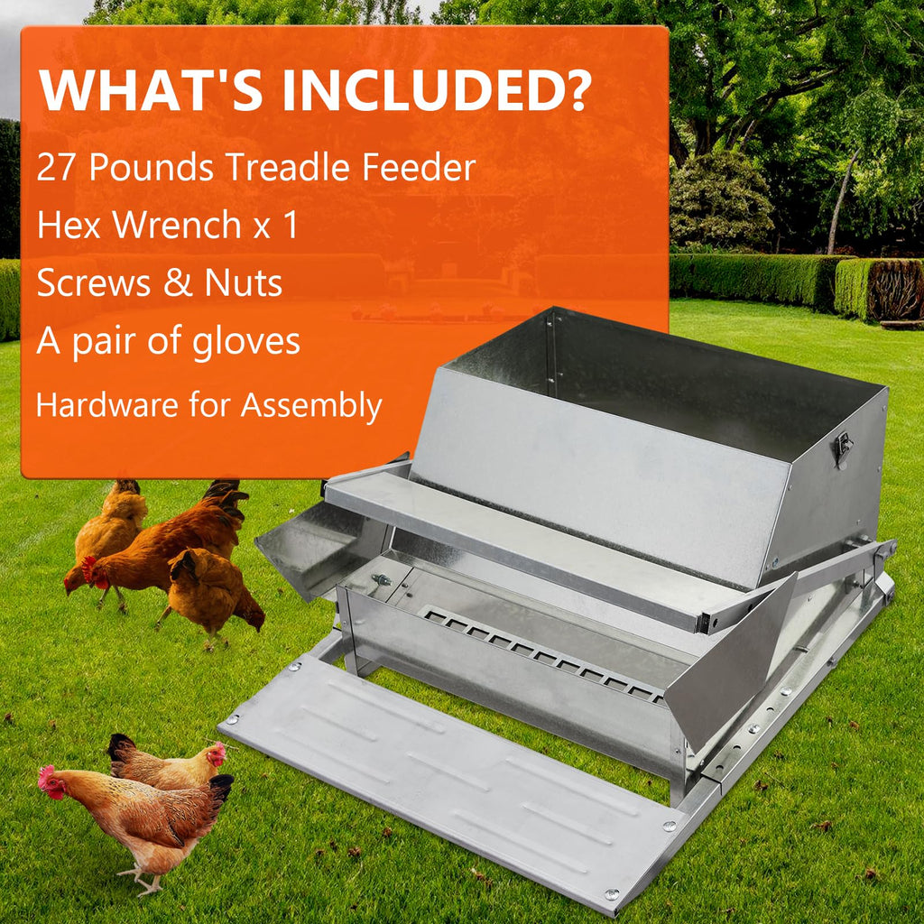 Garvee 27LBs Automatic Treadle Chicken Feeder, Galvanized Steel, Outdoor