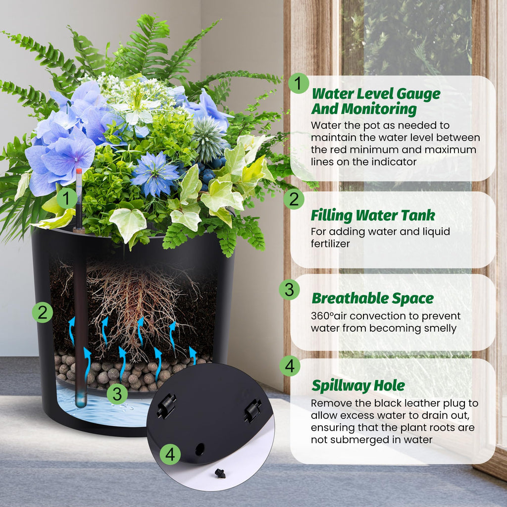 Garvee Tall Round Planter Set of 2, 20" Large Flower Pot Outdoor, Planters for Indoor Plants with Built-in Drainage and a Water Level Monitor and Wheels for Patio, Porch, Living Room, or Home Office, Black