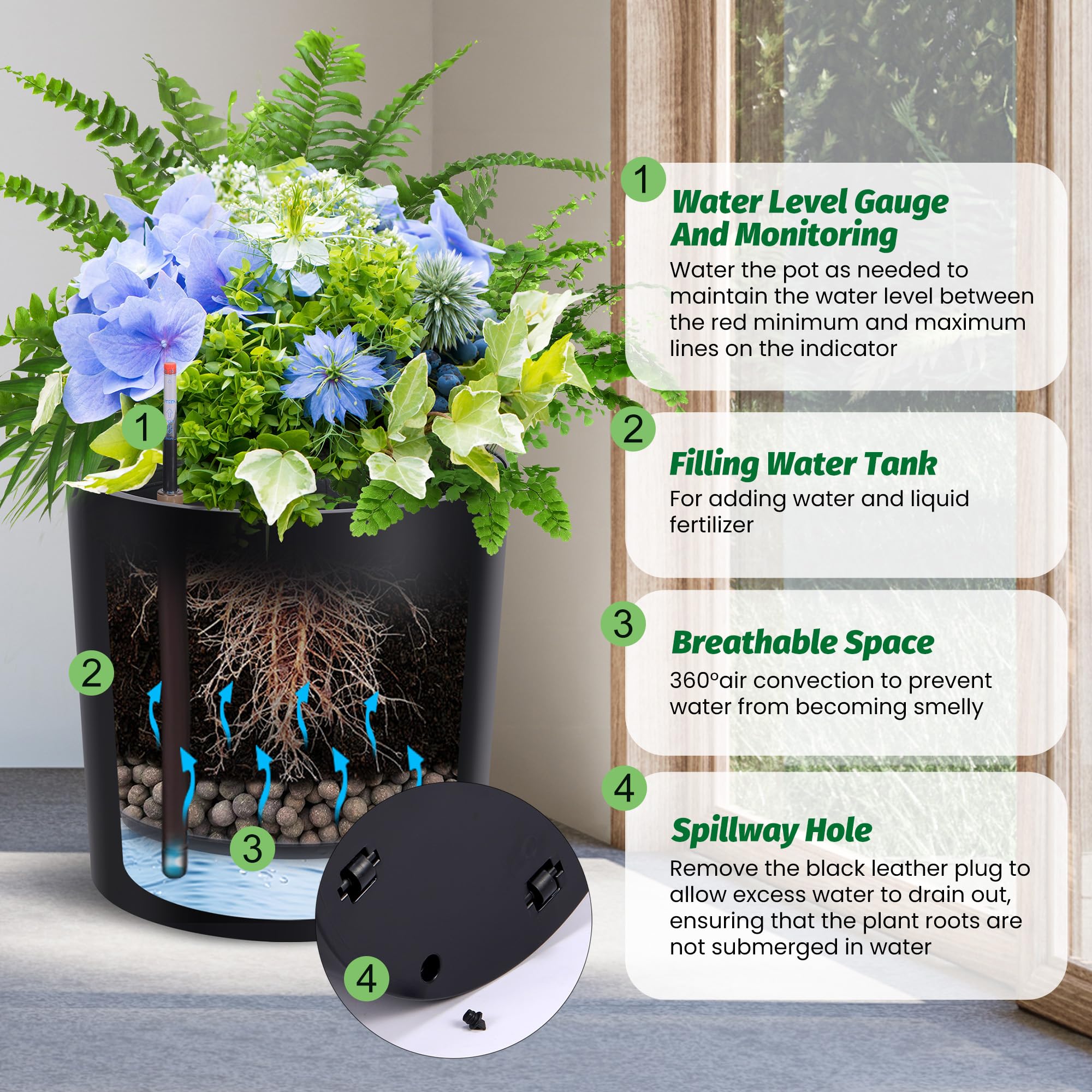 Garvee Tall Round Planter Set of 2, 20" Large Flower Pot Outdoor, Planters for Indoor Plants with Built-in Drainage and a Water Level Monitor and Wheels for Patio, Porch, Living Room, or Home Office, Black
