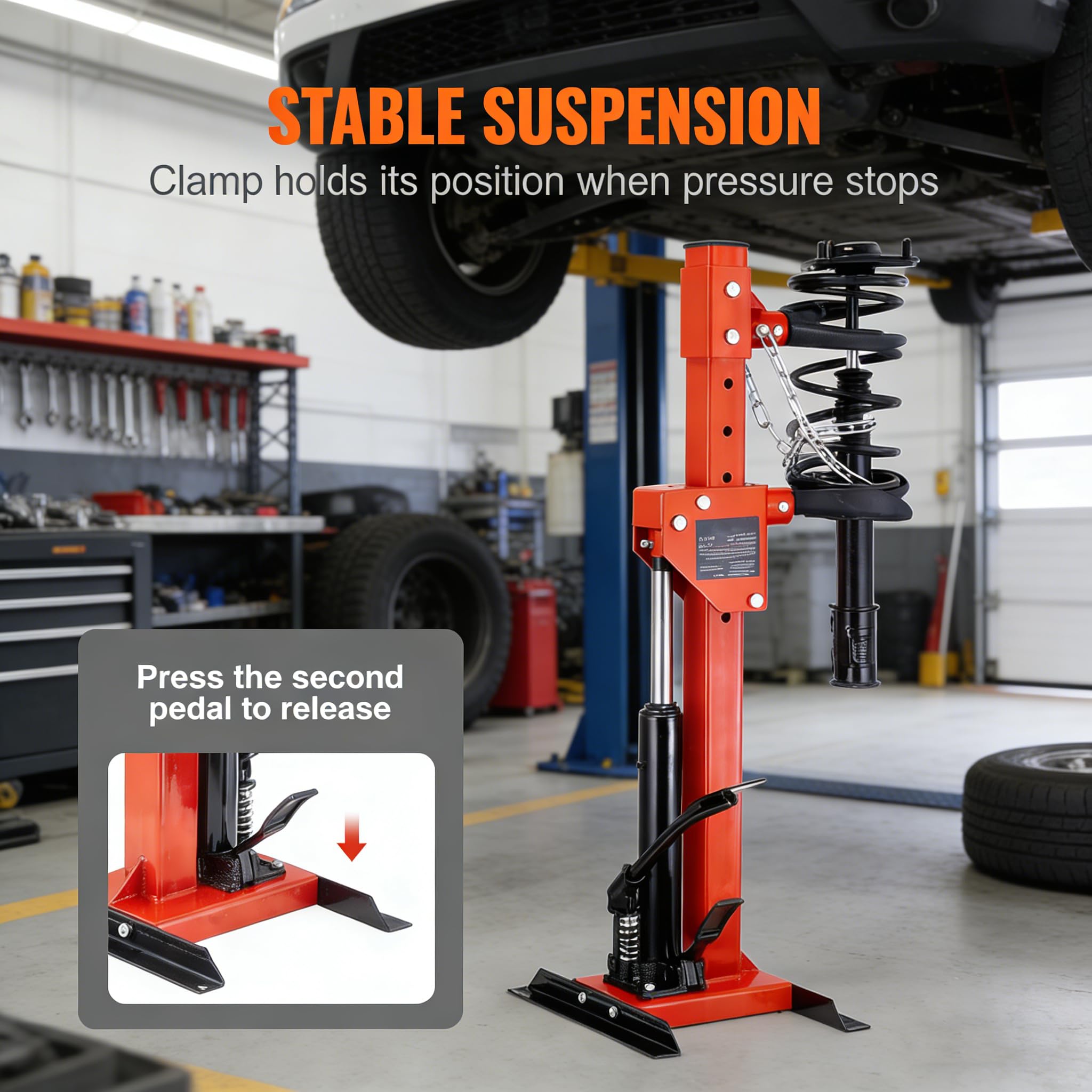 Garvee Professional Hydraulic Coil Spring Compressor, Heavy-Duty Foot-Operated Strut & Shock Tool with Safety Lock, Industrial-Grade Design, Global Fit for Cars, SUVs, and Trucks, Orange