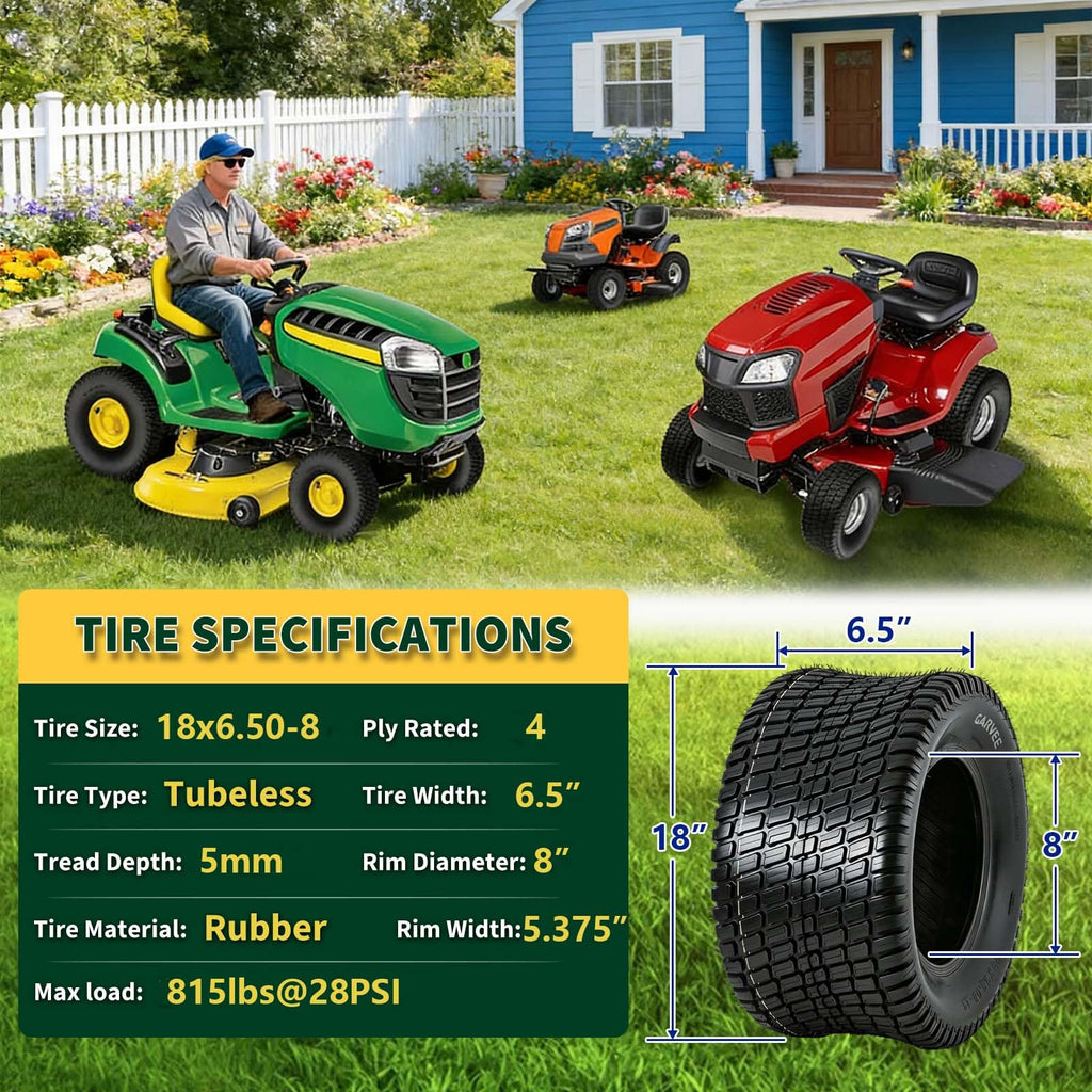 Garvee 18x6.50-8 Lawn Mower Tires Set Of 2 4-Ply Tubeless Garden Tractor Turf Tires For Mowers & Yard Carts 18x6.50x8 Black