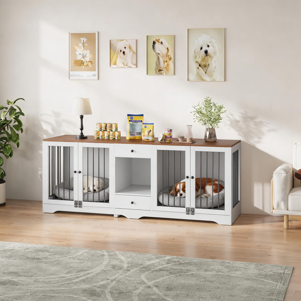 Garvee Dog Crate Furniture 83'' Indoor Dog Kennel with 4 Lockable Doors & 2 Drawers for Medium and Large Dogs, White, Multi-Functional Living Room Furniture