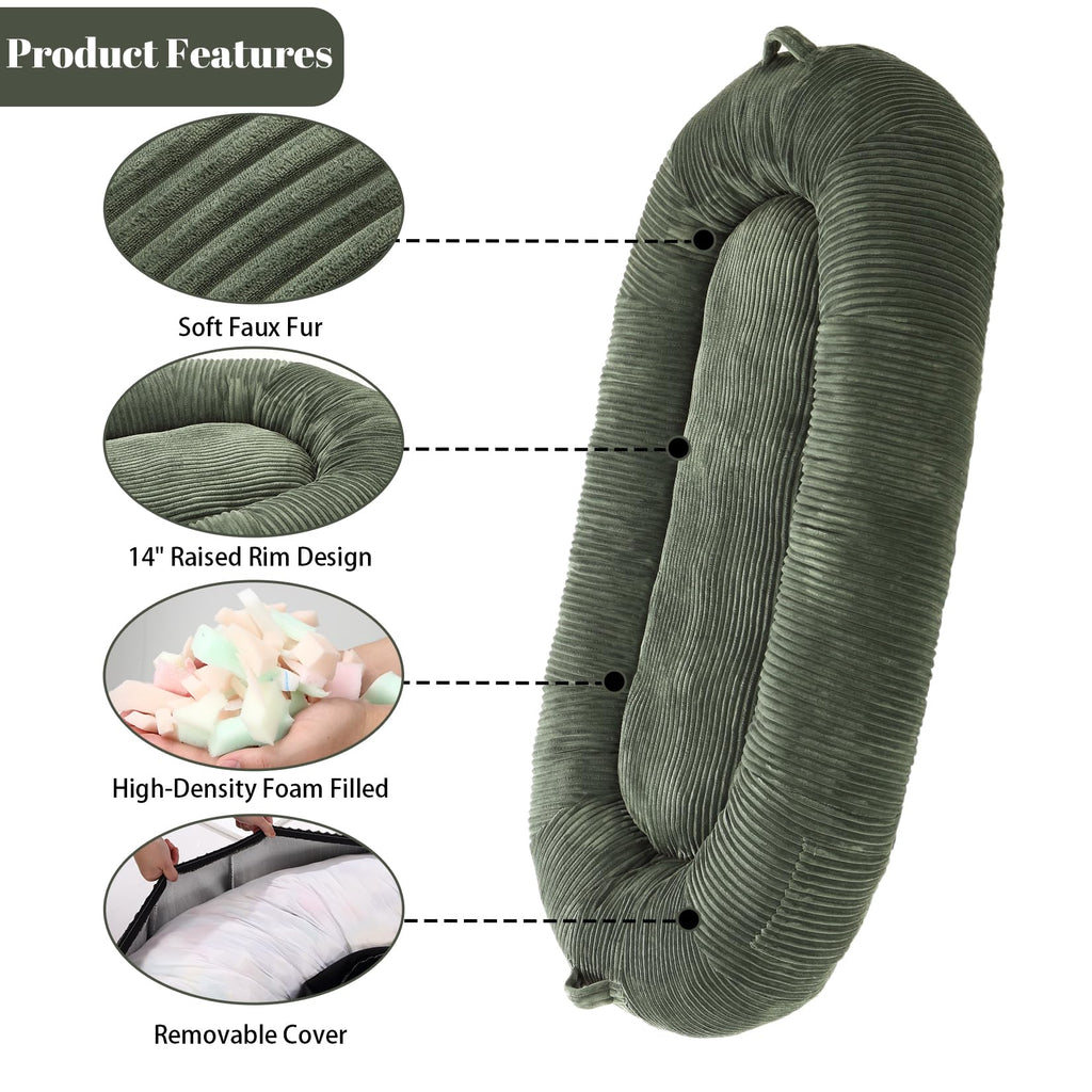 Garvee Dog Bed for Adult, Human Size Giant Dog Bed for Men and Women, 71”x48”x14” Human Dog Lazy Sofa Bed for People and Pets, Washable Strip Flannel Nap Bed Adult Oval, Human-Sized Dog Bed,Dark Green