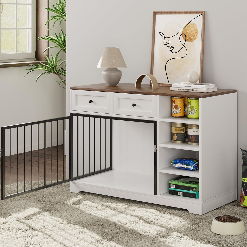 Garvee Large Wooden Dog Crate Furniture with 2 Drawers & 4 Shelves, Heavy Duty, Decorative Indoor Kennel, White