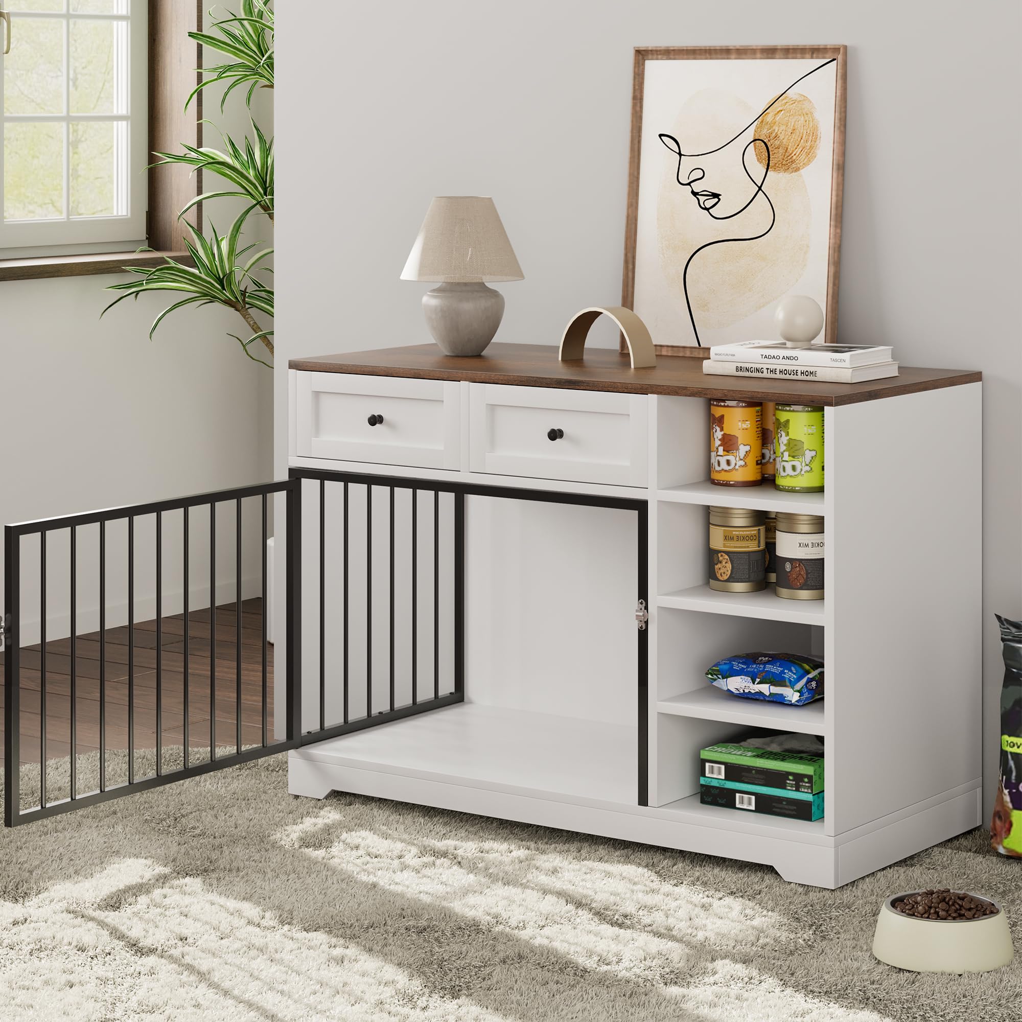 Garvee Large Wooden Dog Crate Furniture with 2 Drawers & 4 Shelves, Heavy Duty, Decorative Indoor Kennel, White