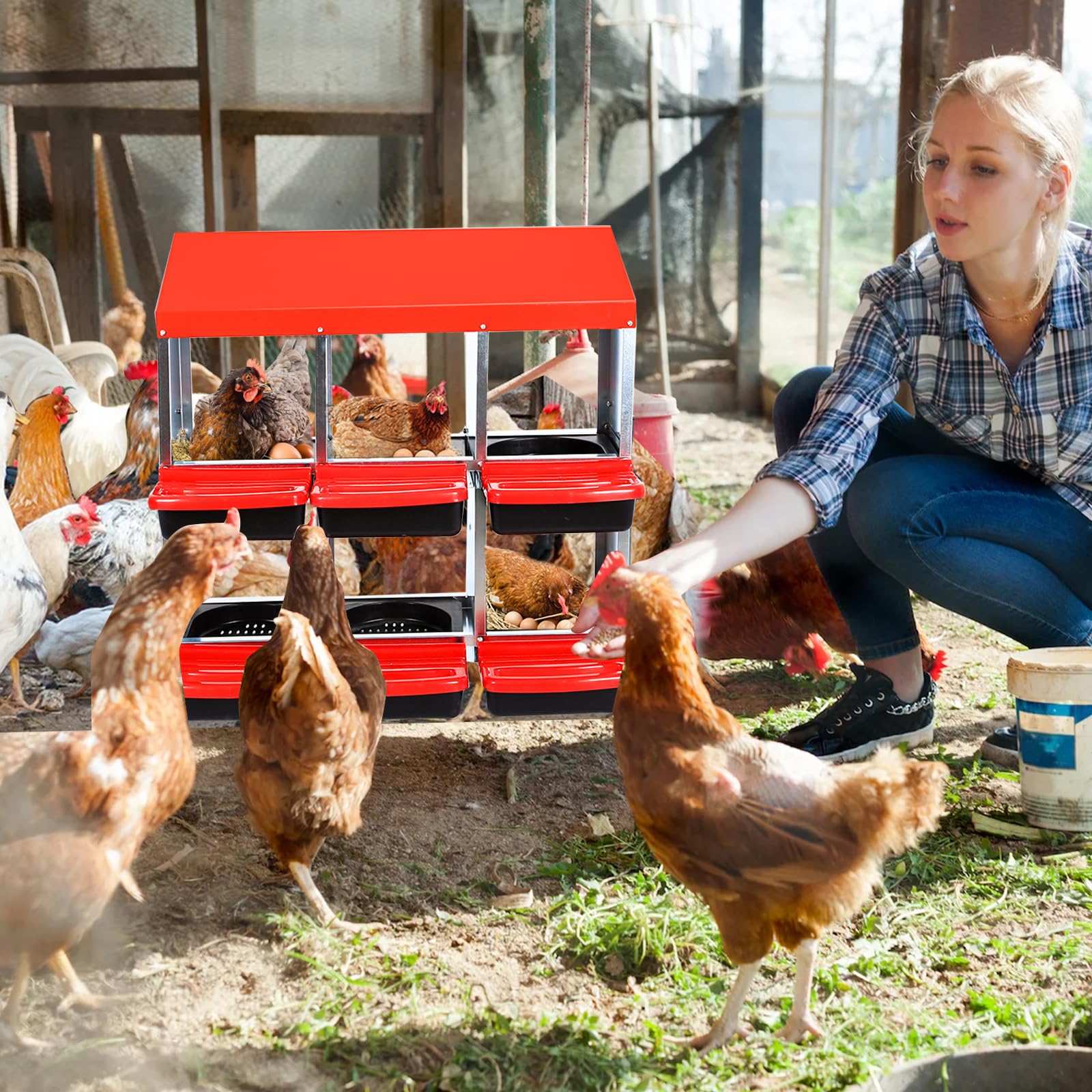 Garvee 6-Compartment Chicken Nesting Box, Roll-Away Egg Collection Box with Perch, Protective Lid & Removable Trays, Wall-Mount Coop Nest Box, Red