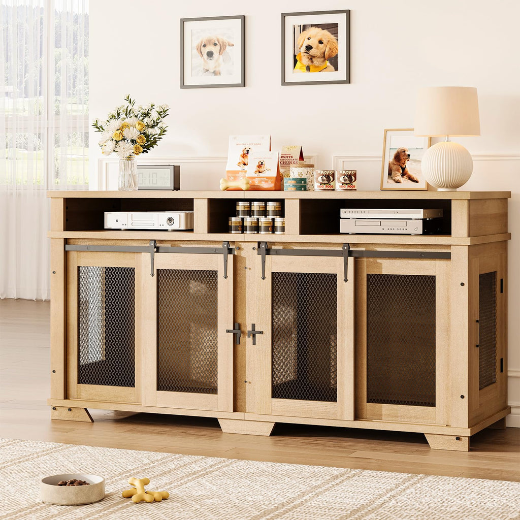 Garvee 71'' Dog Crate Furniture for 2 Dogs, Extra Large Double Dog Kennel, Wooden TV Stand, White/Natural/Brown