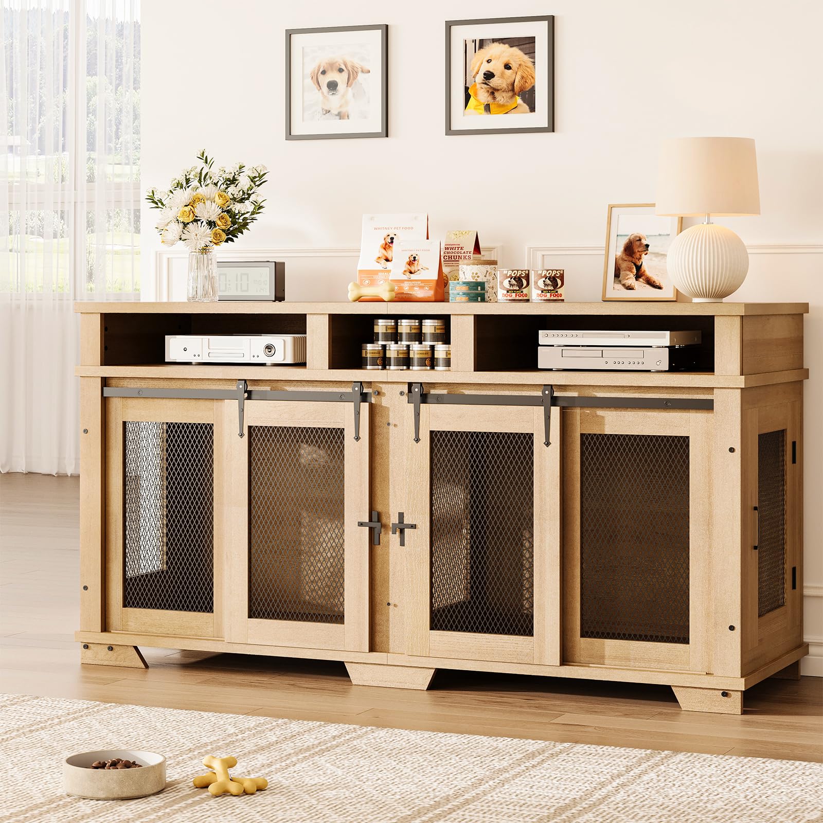 Garvee 71'' Dog Crate Furniture for 2 Dogs, Extra Large Double Dog Kennel, Indoor Wooden Dog Crate TV Stand, White/Natural Wood/Brown