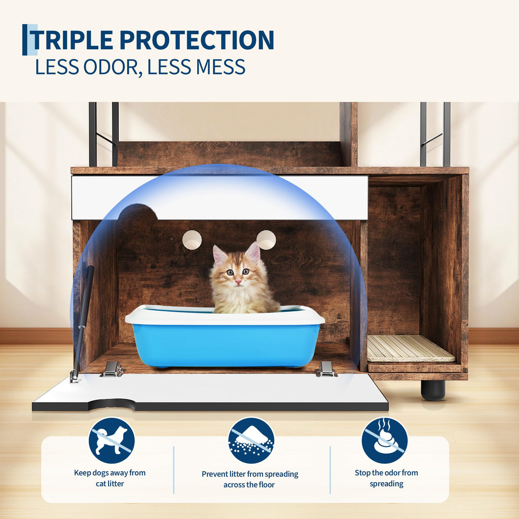 Garvee Hidden Litter Box Enclosure with Storage Rack & Cat Scratching Post Wood & Metal 2-in-1 Pets Furniture with Shelf Corridor Cushioned Mat