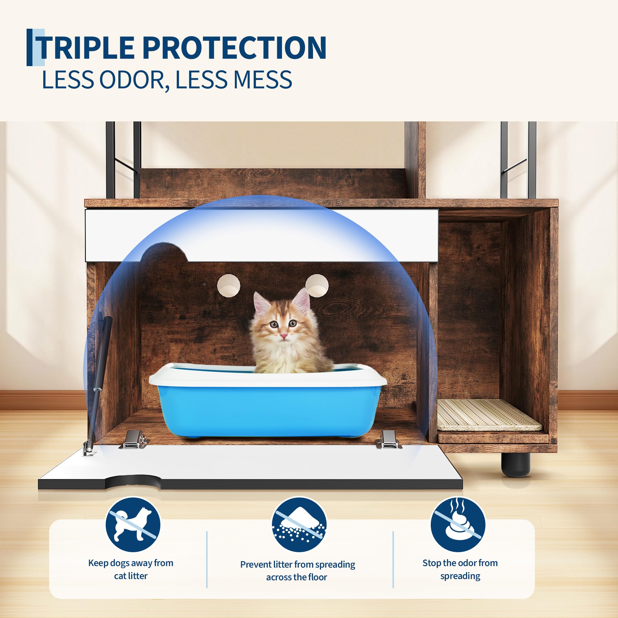 Garvee Hidden Litter Box Enclosure with Storage Rack & Cat Scratching Post Wood & Metal 2-in-1 Pets Furniture with Shelf Corridor Cushioned Mat