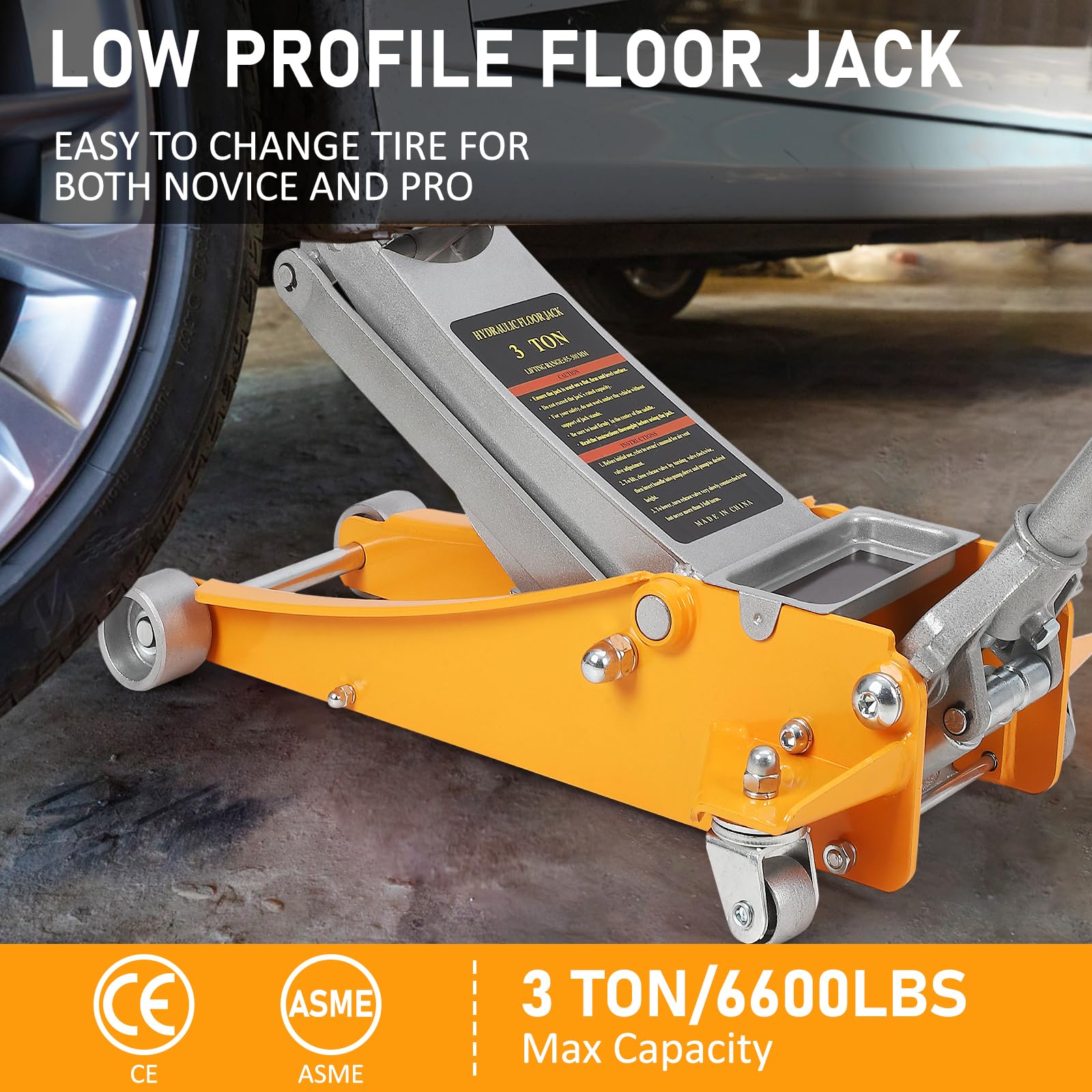 Garvee Floor Jack - Low Profile, 3T Steel Hydraulic, Dual Pistons Quick Lift, Lifting Range 3.46"-19.49"