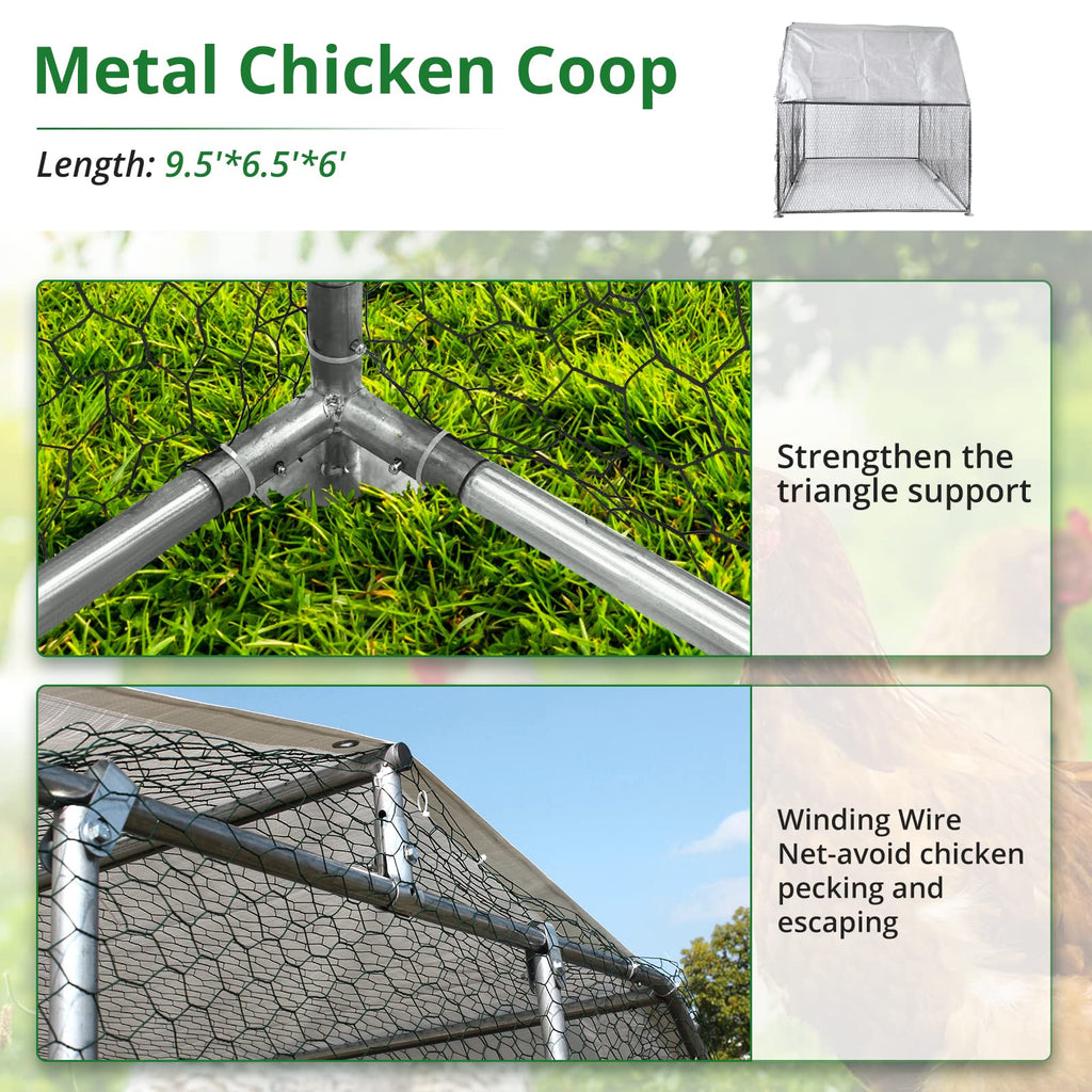 Garvee Large Walk-In Chicken Coop - 9.5'x6.5'x6' Galvanized Metal Poultry Cage w/Waterproof UV Cover for Hens, Ducks, Rabbits